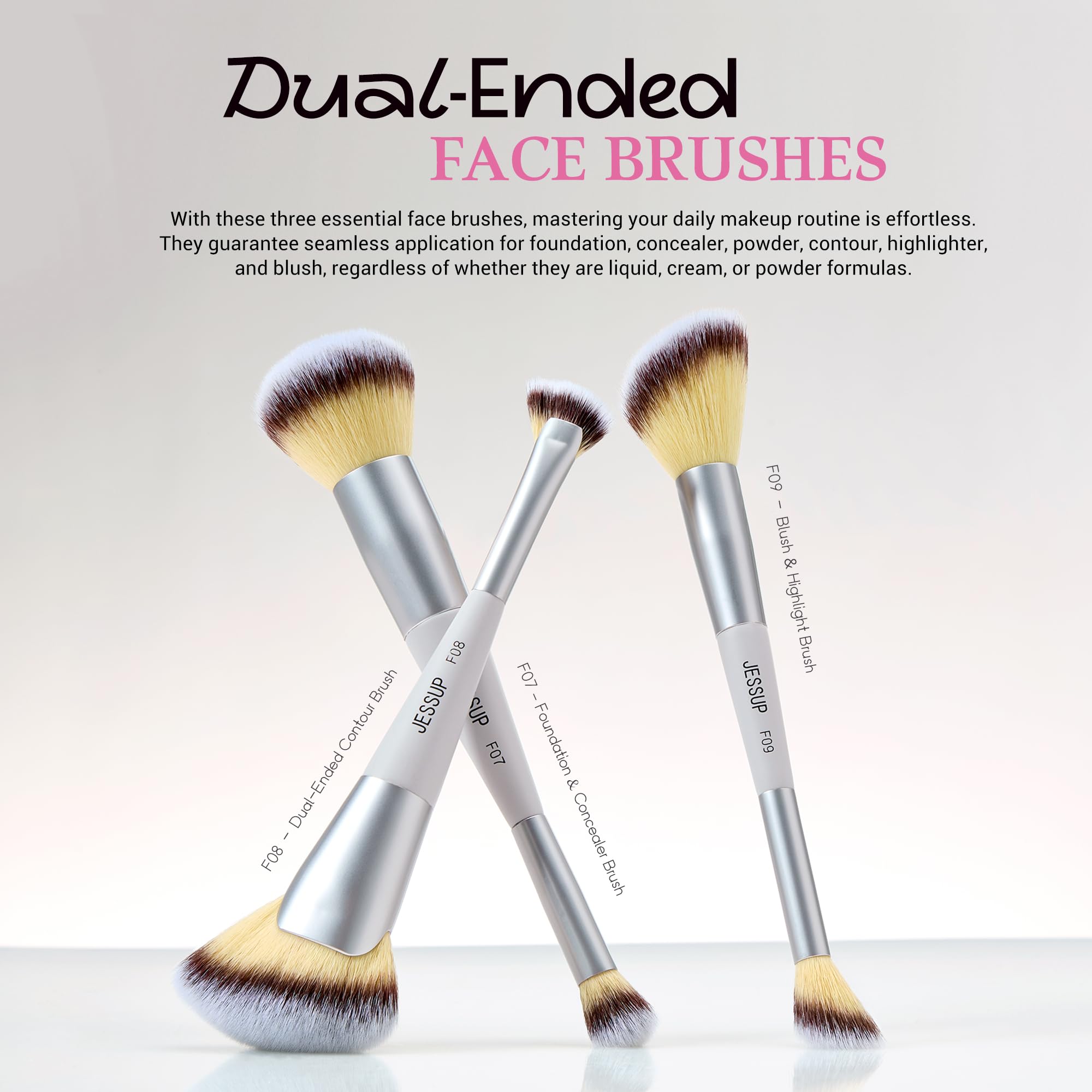 Jessup Pinceaux Maquillages Double Embout Set de 7 Pinceau Maquillage pour Fond de Teint, Contour, Rougir, Illuminateur, Sourcils et Fard à Paupières avec Pochette, Quiet Gray T520