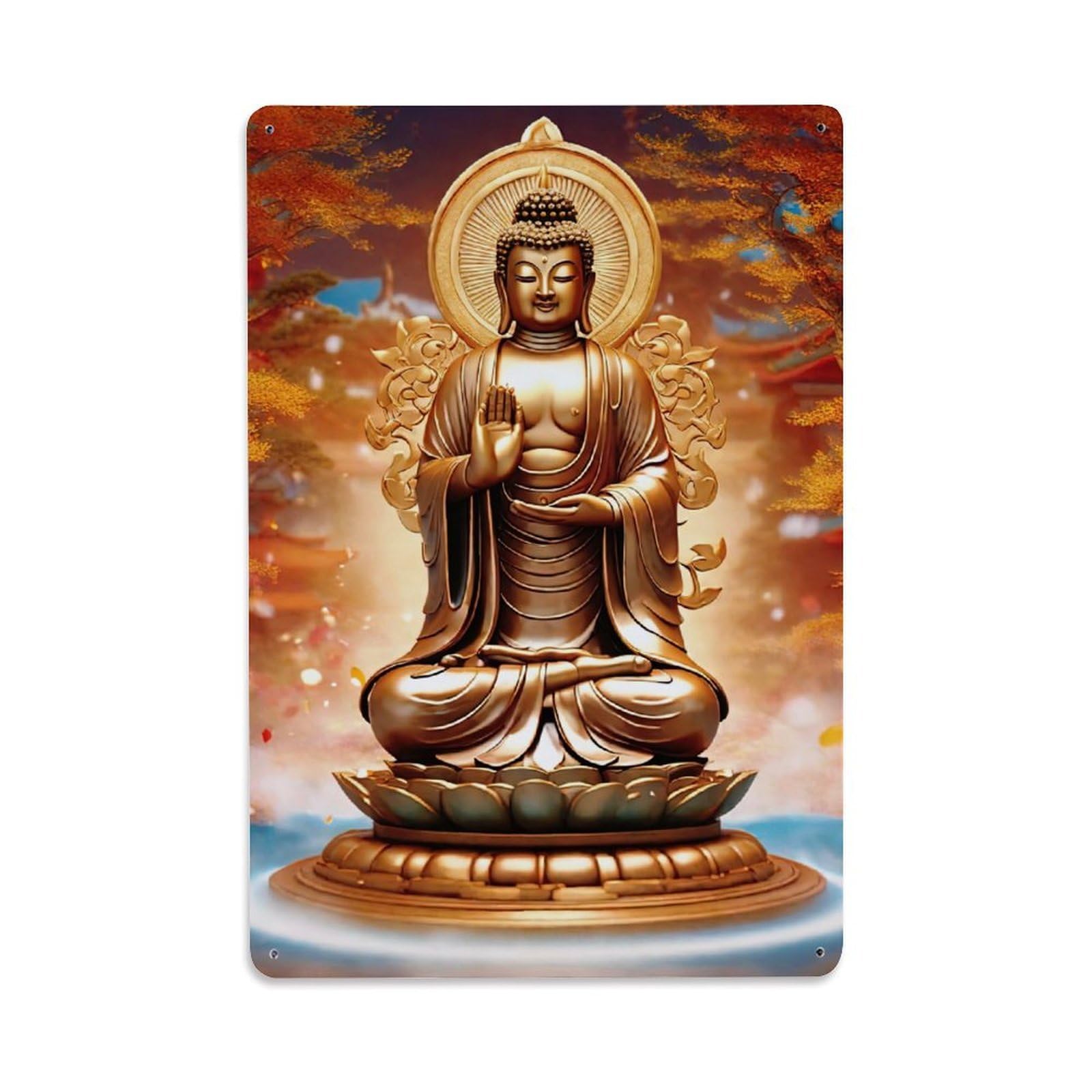 Sacred Spiritual Buddha Venerable Indian Buddhism Classic Metal Tin Sign Plaque Wall Decor for Cafe, Man Cave, Club Bar, Office, Home Garden Round Metal Poster 8x12Inch
