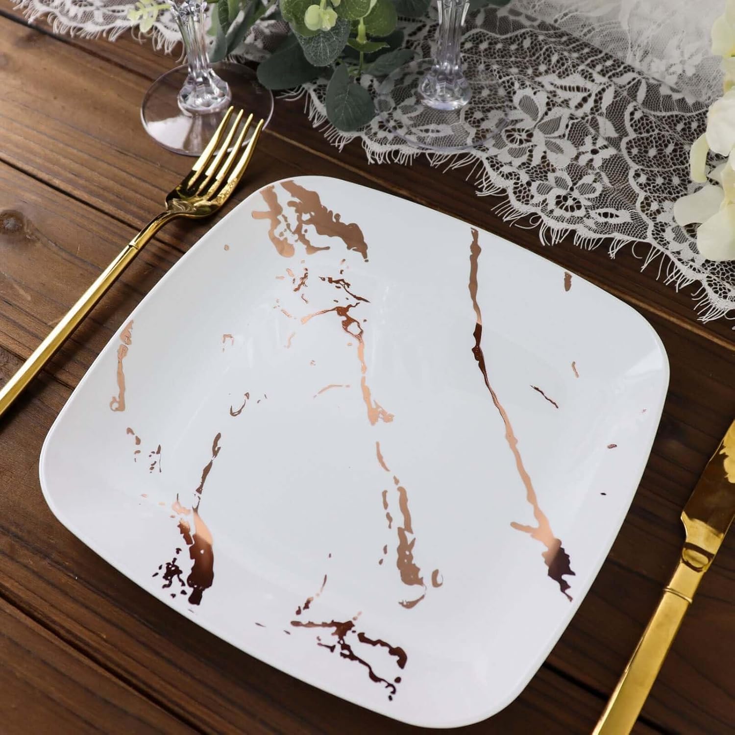 Efavormart 10 Pack 8 Inch Square Disposable Plastic Salad Plates, White & Rose Gold Marble Design - Chic Bulk Party Supplies for Sweet 16, Engagement, Baby Shower
