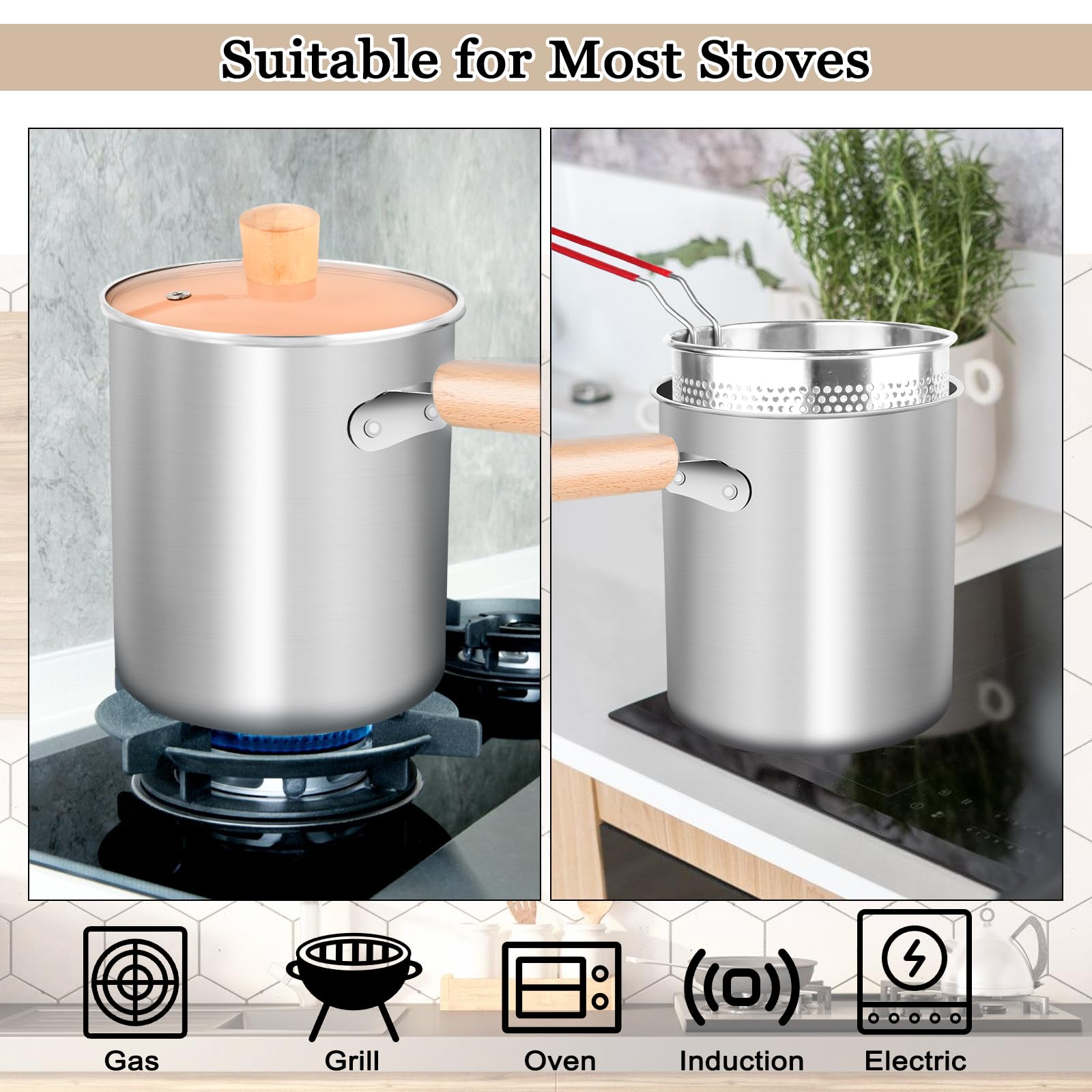 Casseruola per pasta da 3 l, per spaghetti con coperchio a colino, cestino per friggere e pinze per barbecue, in acciaio inox 304, manico anti-scottatura rimovibile, pentola multifunzione per