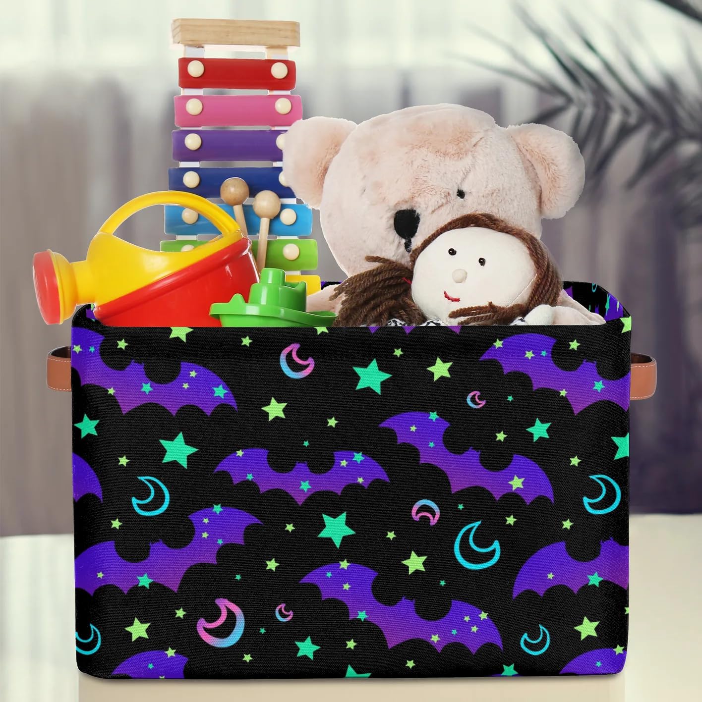 Rainbow Bat Rectangle Storage Basket Halloween Moon Foldable Storage Bin Cubes with Handles Large Organizer Bins Boxes Toy Closet Shelf Nursery Laundry Basket Home Decor