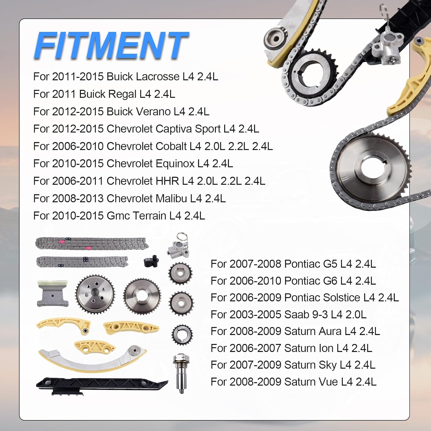 Engine 2.4 Timing Chain Kit for GMC Terrain, for Chevy Equinox Malibu Captiva Cobalt HHR, for Buick Lacrosse Regal Verano Pontiac G5 G6 L4 2.0 2.2 2.4L 9-4201S