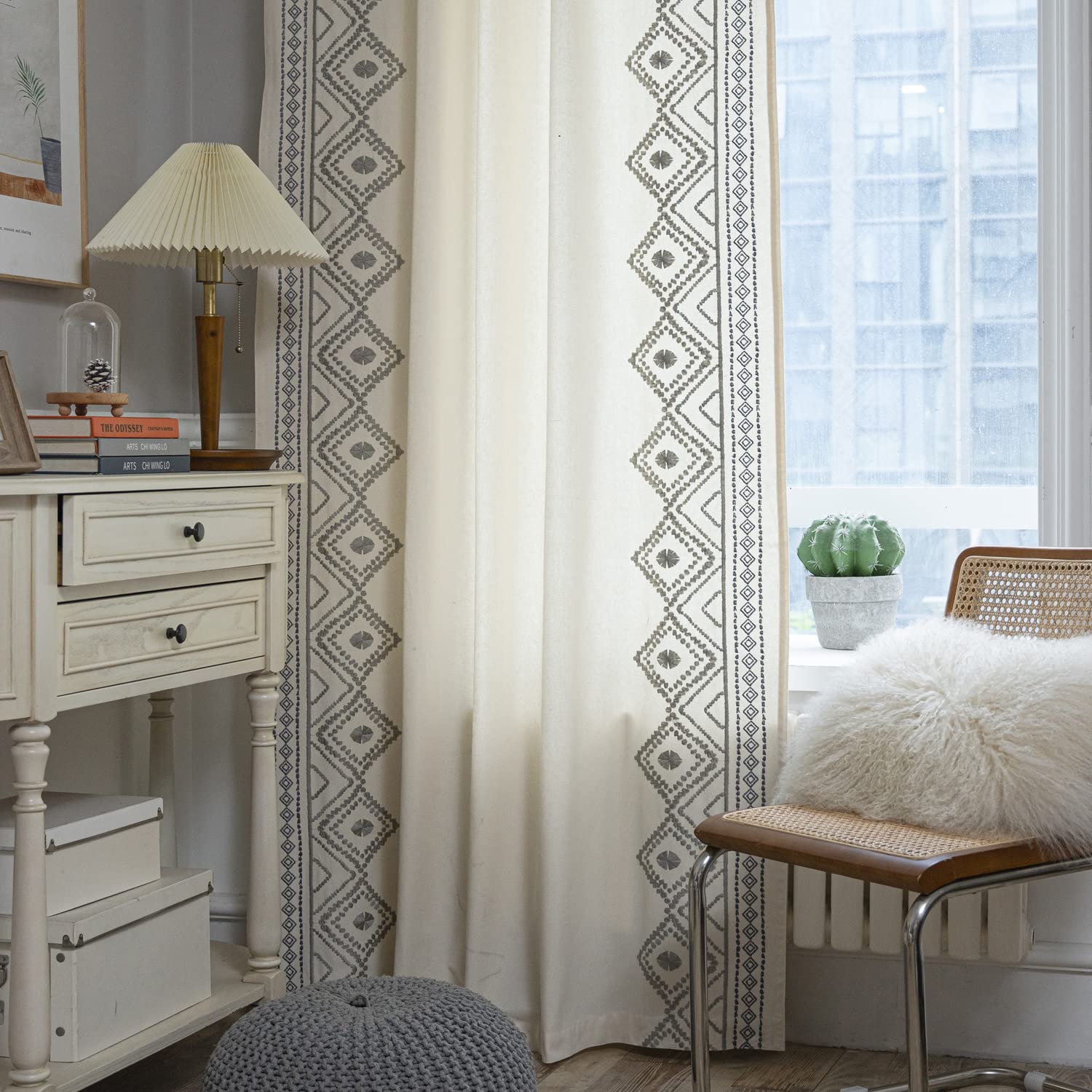 ColorBird Boho Linen Living Room Curtains, 94 inches Embroidered Light Grey Curtain, 2 Panels Light Blocking Window Curtains Rod Pocket Closet Curtains for Bedroom Closet Door