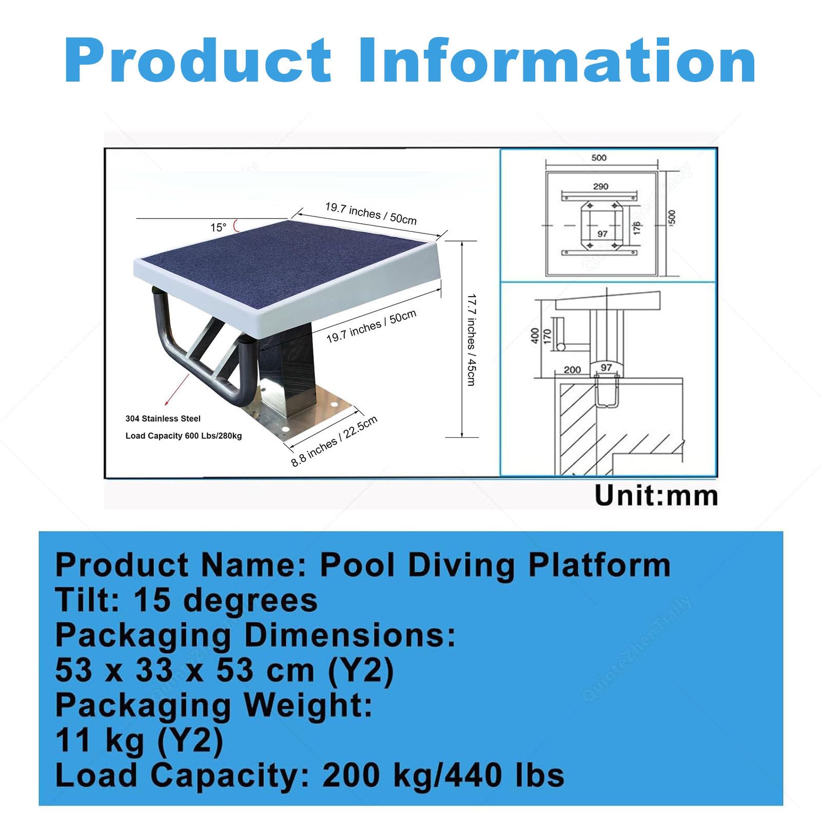 19,7-Zoll-Pool-Startblock mit Sprungbrett und Wettkampfsprungplattform mit Rückenschwimmgriff, robuste Edelstahlbretter für den Einbau im Boden Y2