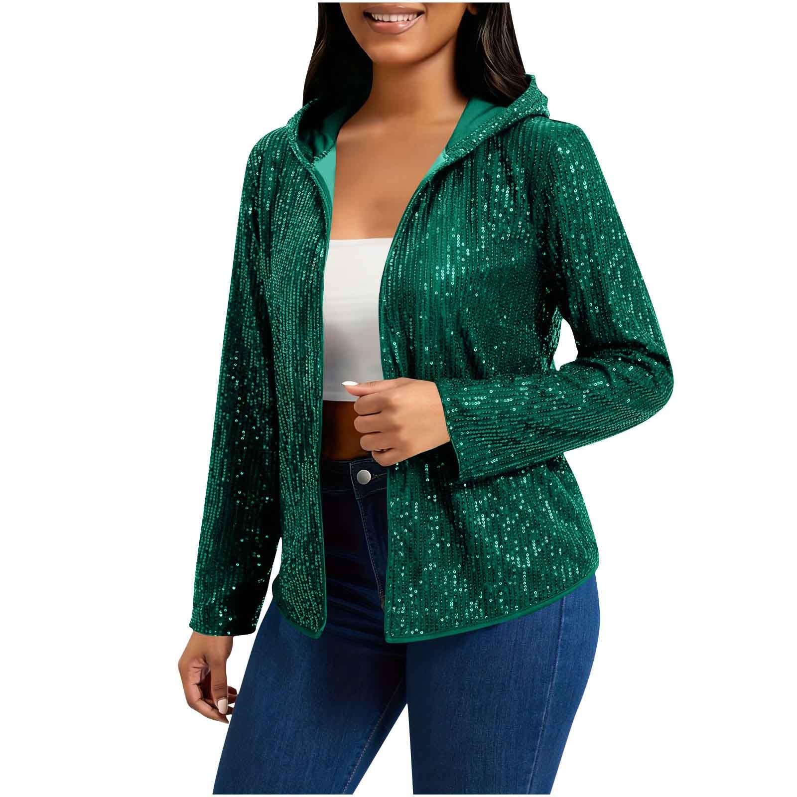 Sequin Cardigans for Women Sparkly New Year Tops Open Front Outerwear Coat Shimmer Glitter Loose Jackets with Hood
