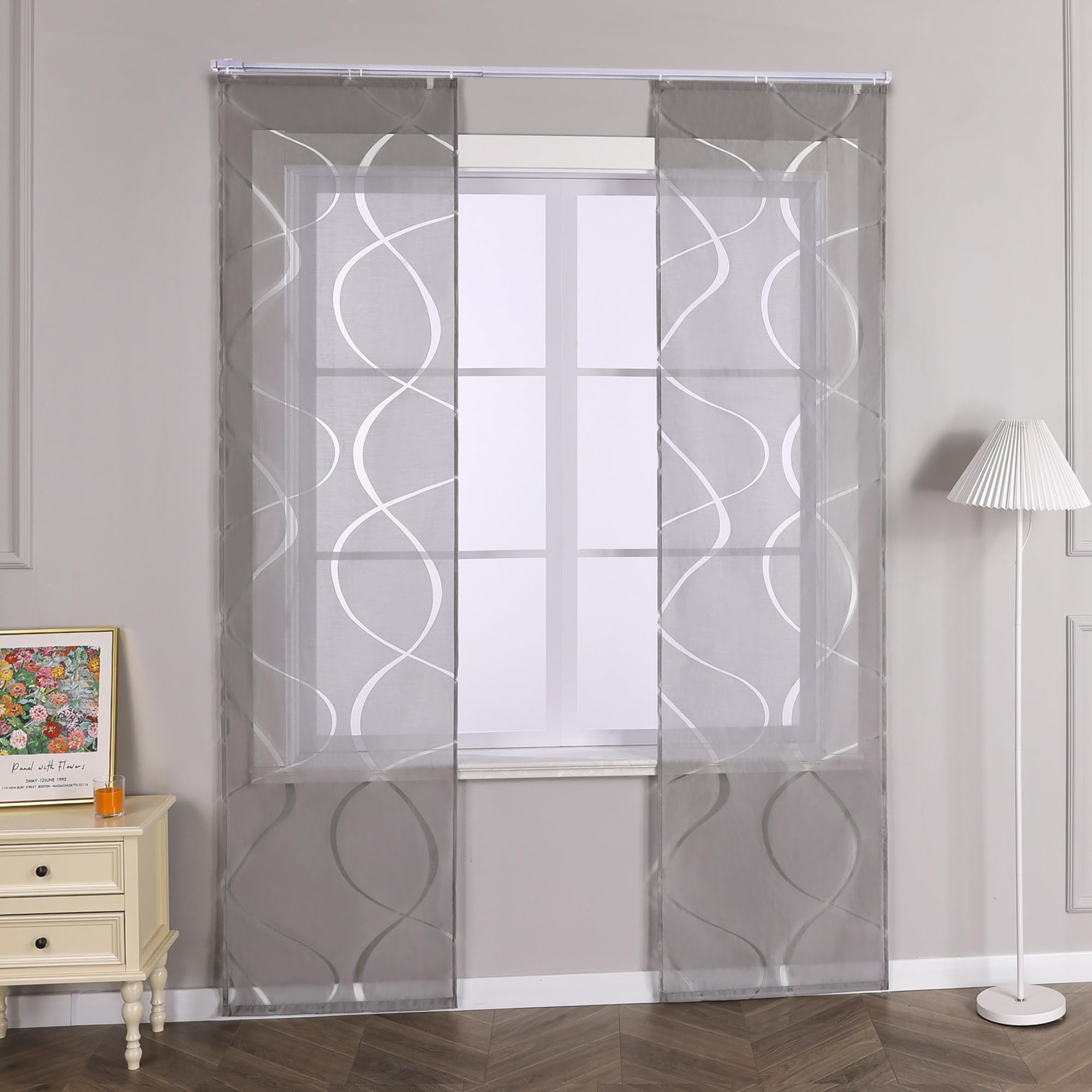 Schiebegardinen 2er Set Transparent – Grau, Mit Ausbrenner-Muster, Klettband, 57x225 Cm