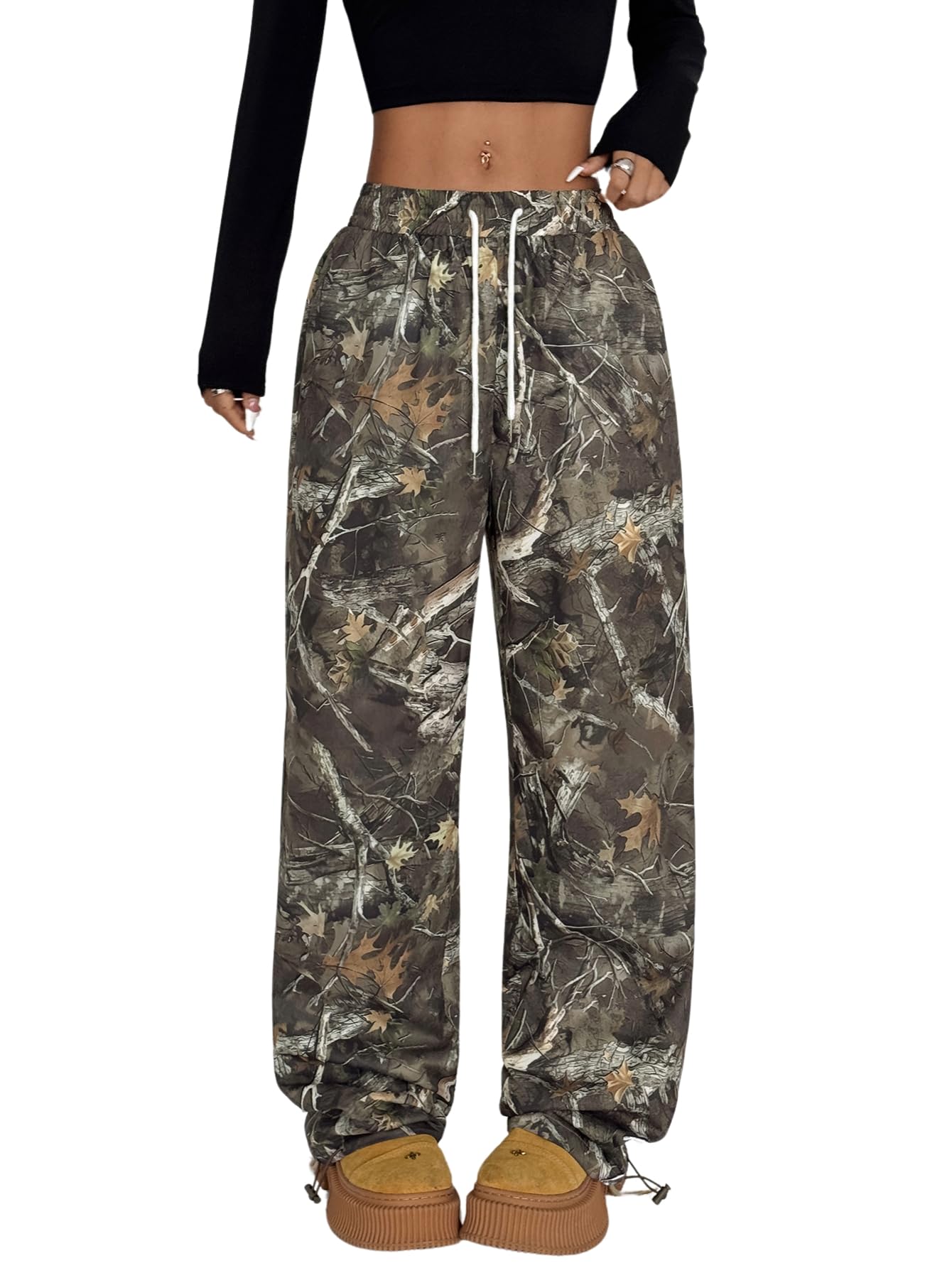 Verdusa Womens Camo Drawstring Cargo Pants Casual Oversized Leaf Print Pants with Pockets