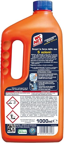 Wc Net Professional - Sturascarichi 5 Azioni in 1, Disgorgante Gel per Scarichi Professionale, con Agenti Salvatubi e Anticalcare, 1000 ml - 1