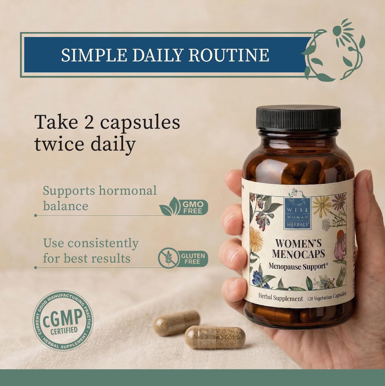 Wise Woman Herbals Women's Menocaps, Non-GMO Herbal Blend for Menopause Support, Hot Flashes, Night Sweats, Mood Support, Emotional Balance, Hormonal Support, 120 Veg Caps