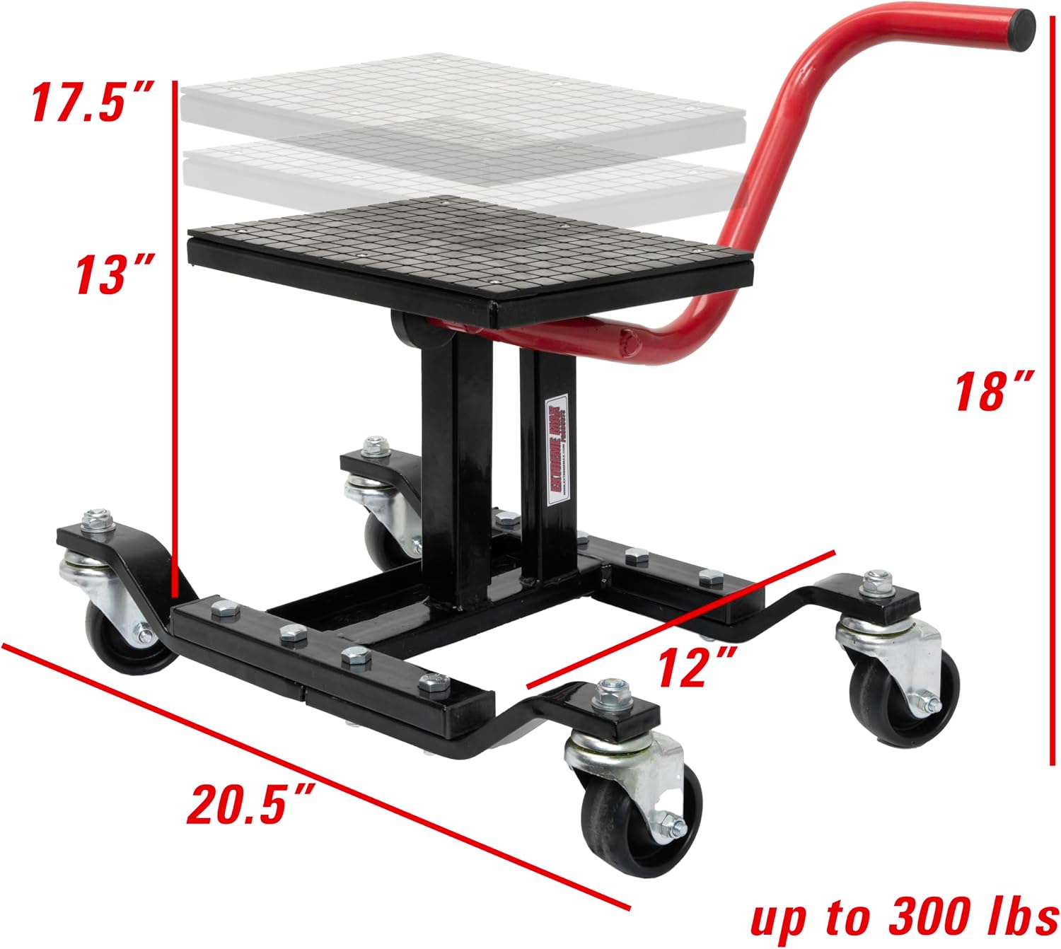 Extreme Max 5001.6741 Mechanical Lever Lift Stand with Locking Caster Wheels and Handle for Dirt Bikes, Mini Bikes - 300 lbs. Capacity