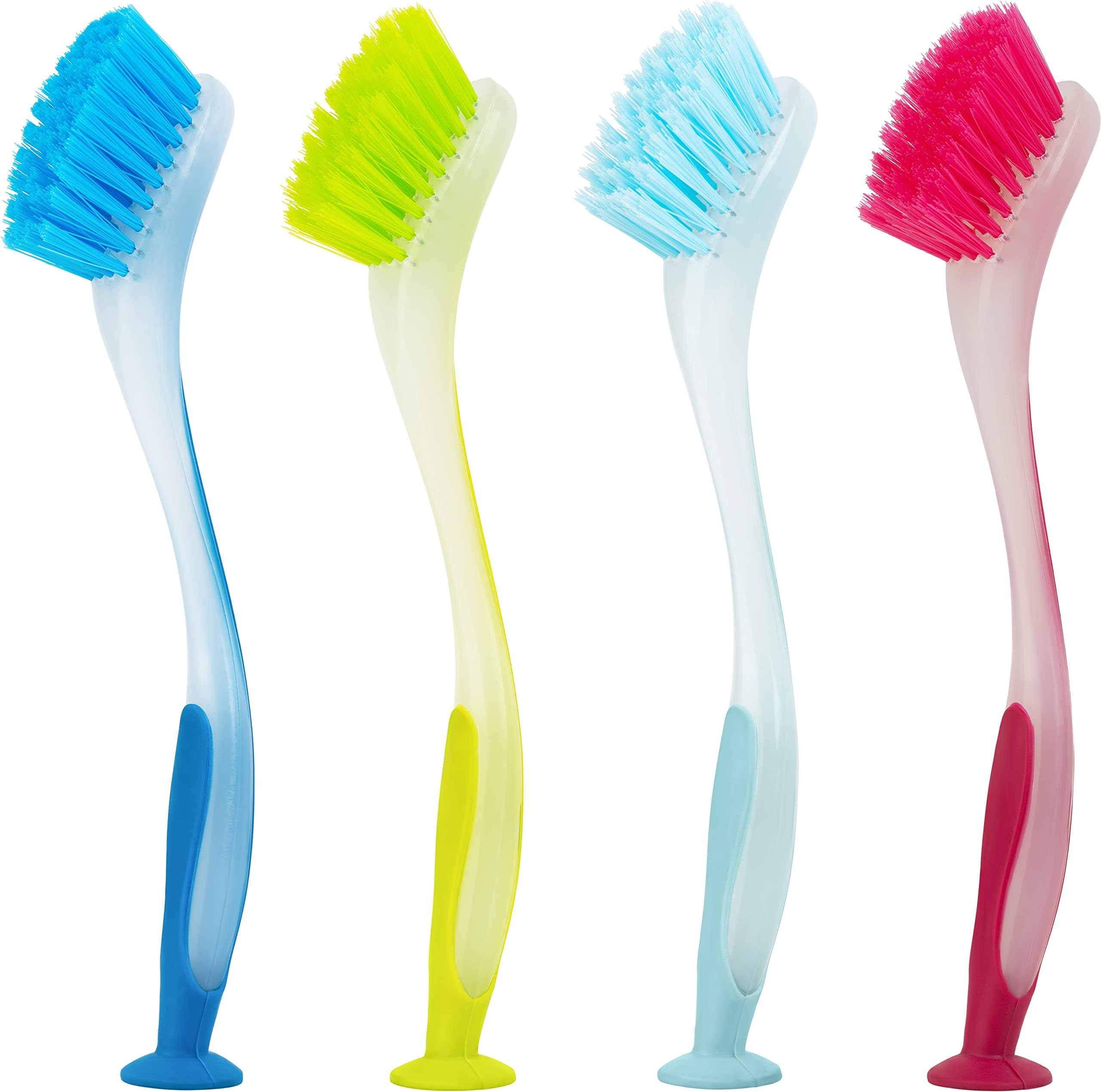 Spogears Dish Brush with Suction Cup Set of 4 Kitchen Scrub Brushes 4 Assorted Colors Dishwashing Brush with Handle Long & Grip Friendly Soft bristles Cleaning Scrub Brush for Kitchen