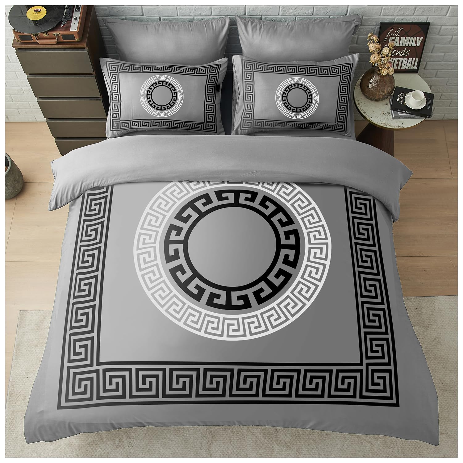 GC GAVENO CAVAILIA Greek Double Duvet Set - Easy Care Microfiber Quilt Cover with Pillowcases - Lightweight & Durable Duvet Comforter - Geometric Style Bedding Set, Grey