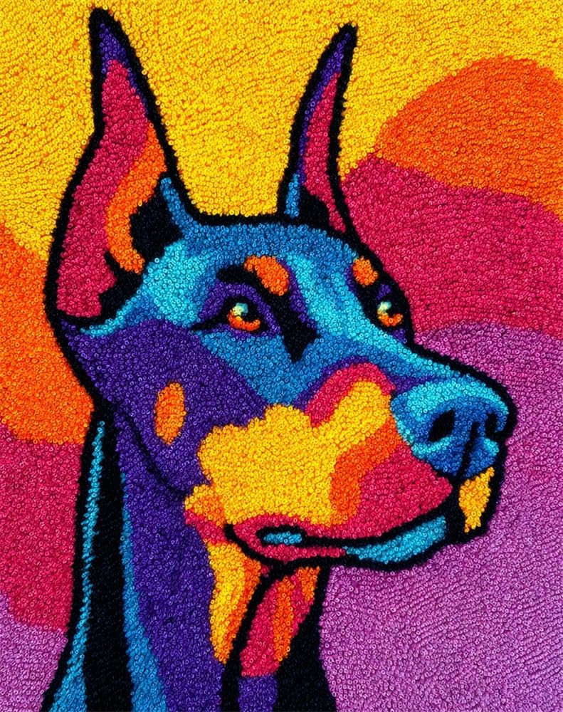 FWRTYCB Latch Hook Kits Rugs,Doberman Pinscher DIY Latch Hook Rug Making Kits for Beginners,20X15Inch Rug Making Kits with Printed, DIY Latch Hook Kits Carpet, Latch Hook Kits for Adults, Embroidery
