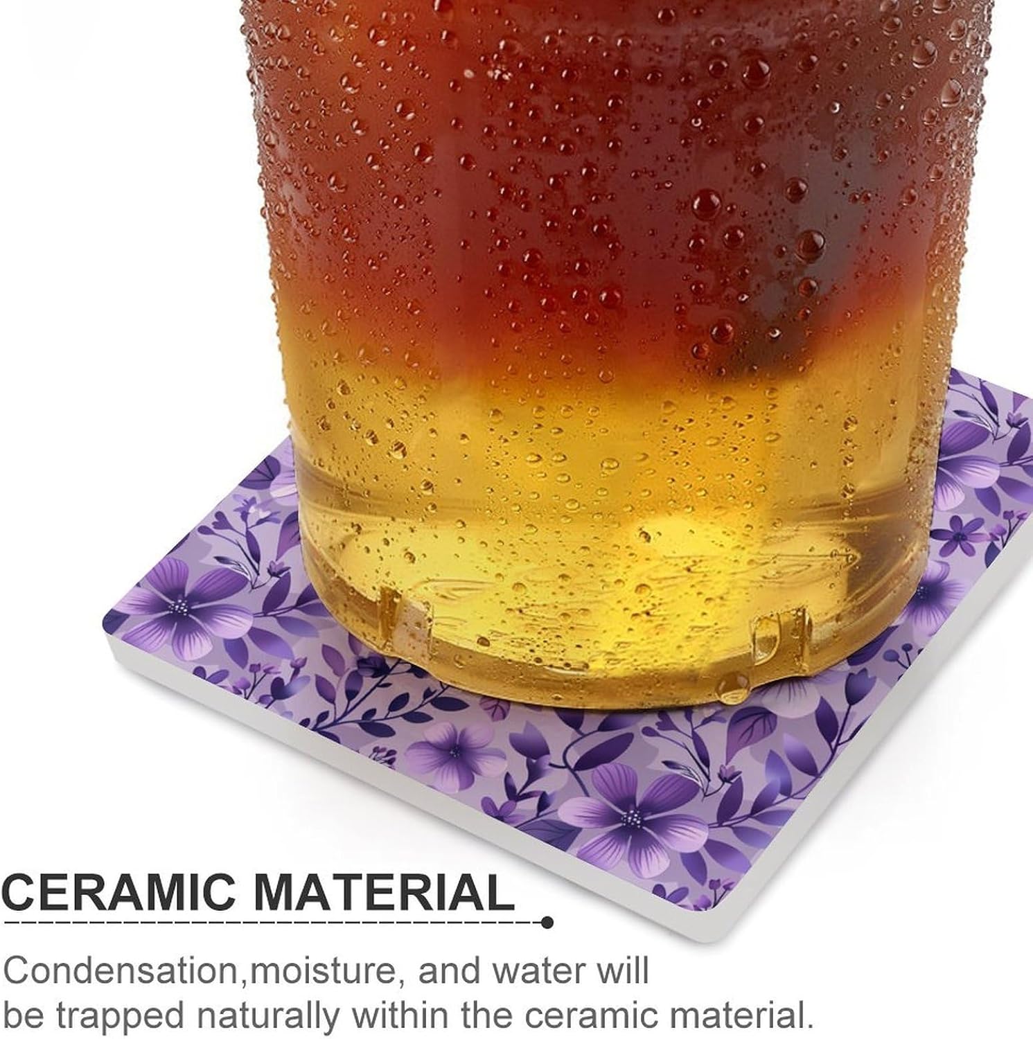 Lavender Purple Floral Print Coaster for Drinks Square Ceramic Table Coasters Stone Mat Crafts 4PCS Home Kitchen Decor