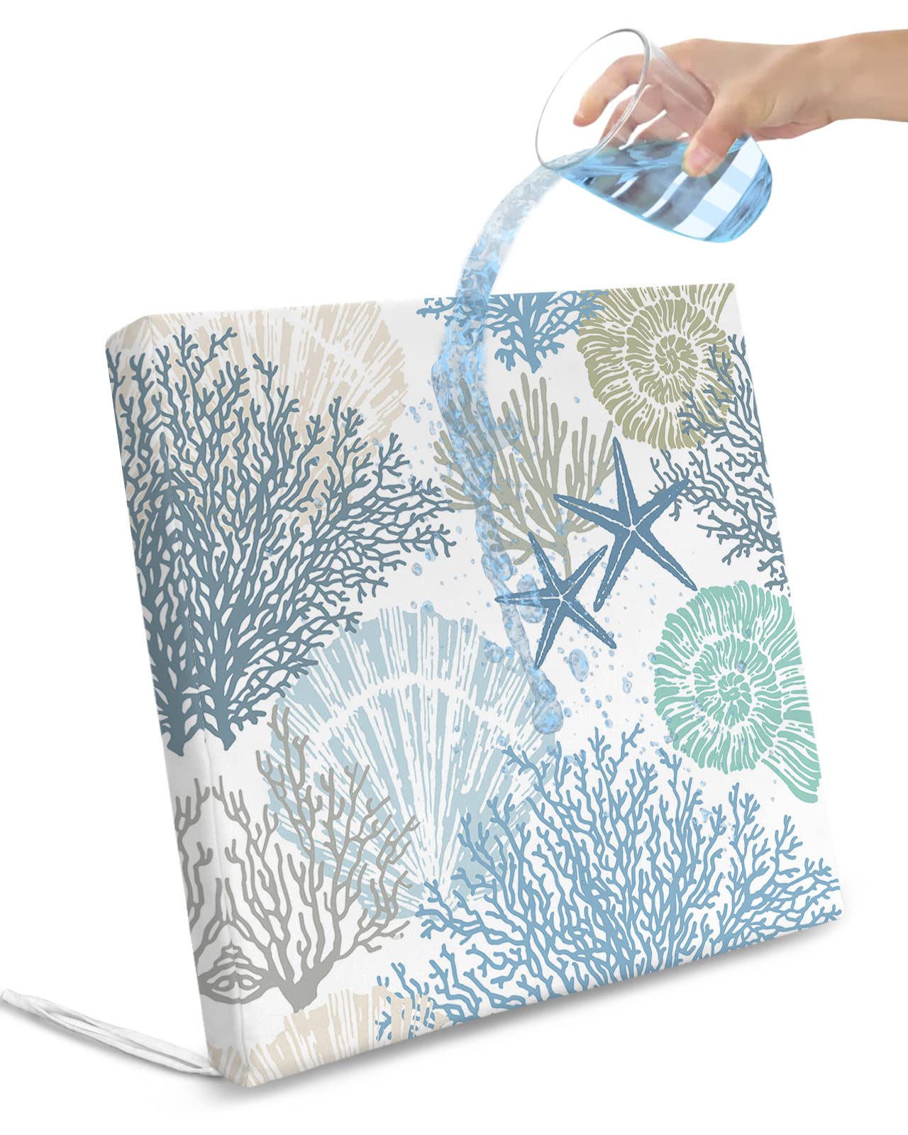 2 Pack Nautical Coral Shell Starfish Waterproof Cushion Covers with Ties, Outdoor Patio Chair Seat Cushion Slip Covers Replacement Summer Beach Ocean Sea Blue 20''x18''x4''