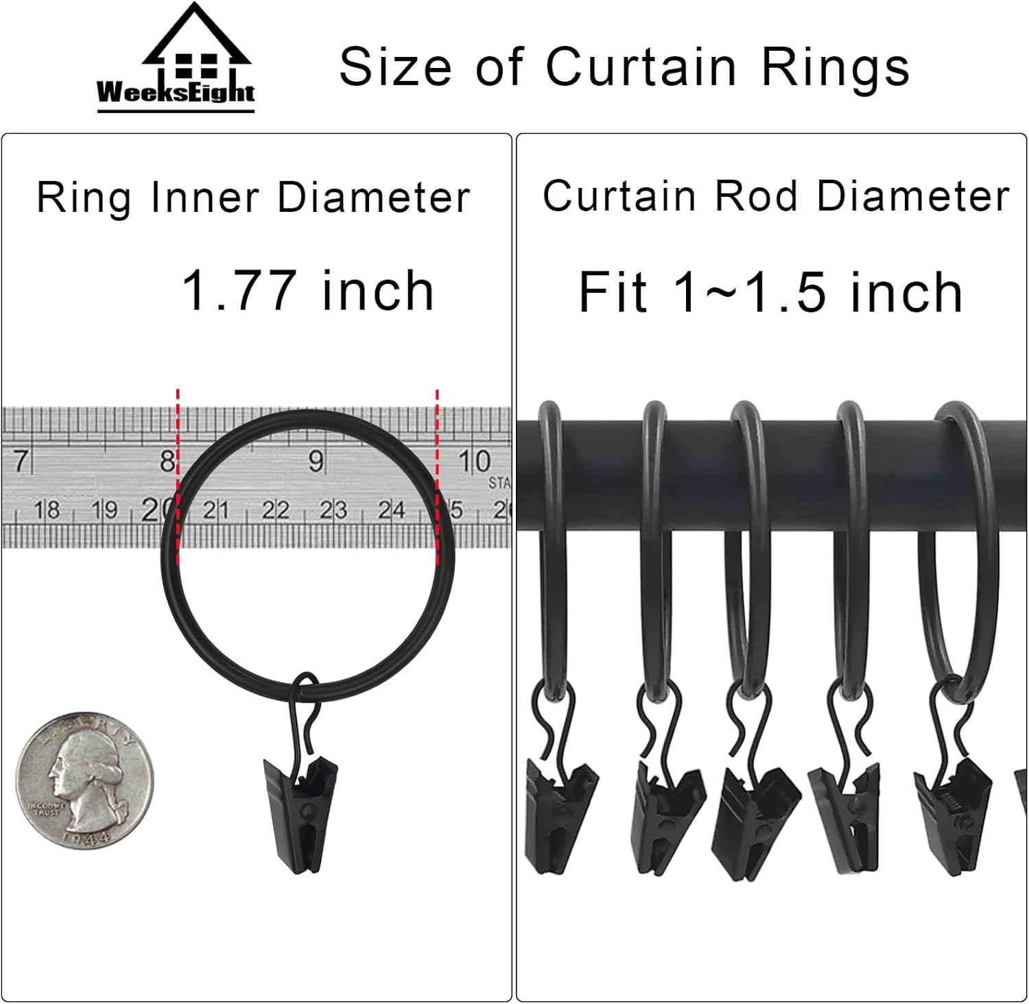 20 Pack Black Curtain Rings with Clips, Curtain Hooks Hangers Clip Rings for Hanging Drapes Bows Hat, Drapery Rings 1.77 in I D, Fits up to 1.5 in Diameter Curtain Rod. - Image 3