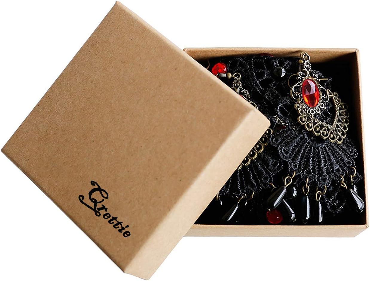 Choker Necklace Earrings Set for Halloween Punk Steampunk Costume Party Women Gothic Black Lace Necklace Vintage Lolita Victorian Halloween Choker Vampire Pendant (Red) - Image 7