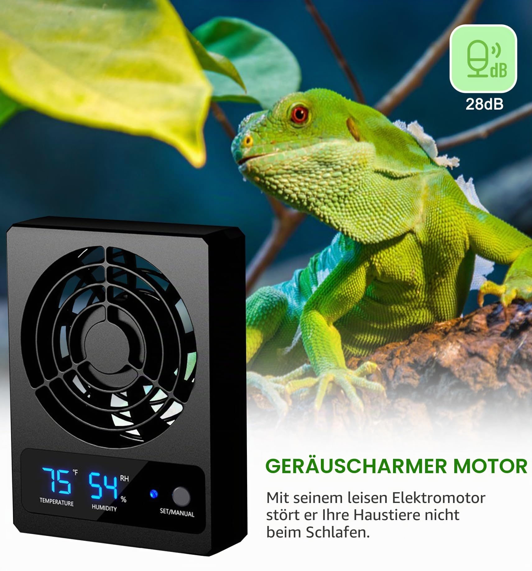 Reptilienlüfter Lüfter, Einstellbare Geschwindigkeit, Feuchtigkeitskontrolle, Luftentfeuchter für Terrarium, Vivarium, Amphibien, Reptilien, Schlangen