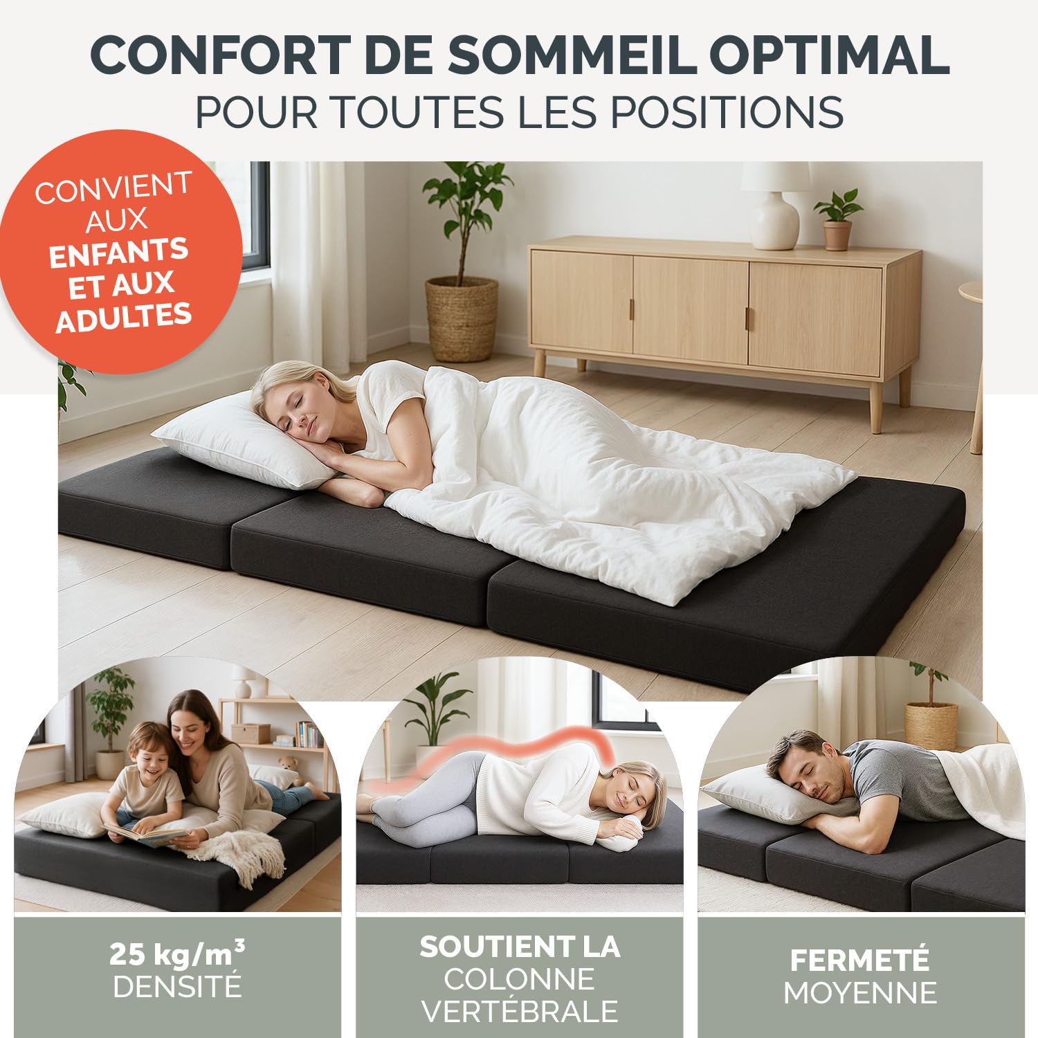 Blumtal Matelas Pliable 200x120x15 cm – Matelas de Sol en 3 Parties, Épais 15 cm, Lit d’Appoint 1 Personne en Mousse avec Housse, Confort Doux, Anthracite