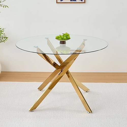 Miniatura 8 de Mesas de comedor redondas de 36 pulgadas, mesa de comedor moderna de cocina con base de metal cromado dorado, mesas de comedor redondas de vidrio