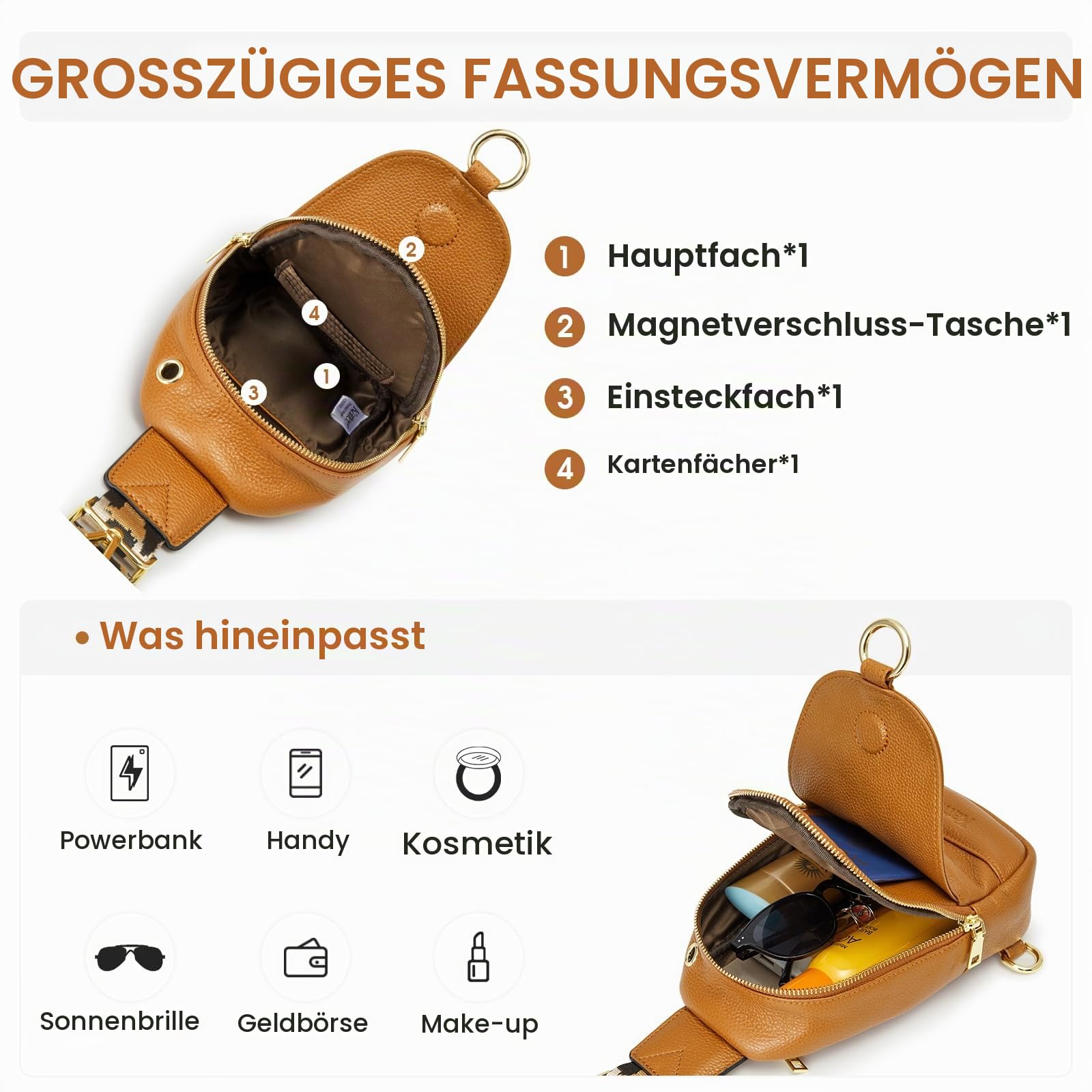 Kattee Damen Brust-Umhängetasche Echtes Leder Sling-Rucksack Kleine Umhängetasche mit RFID-Blockierungsfunktion für Outdoor-Reisen Radfahren Wandern Einkaufen Unisex