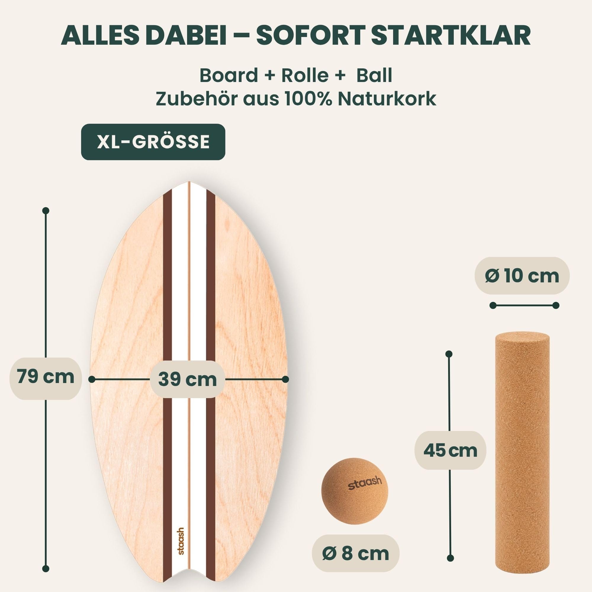 STAASH® Balance Board Holz – Pro Gleichgewichtstrainer inkl. Korkrolle & Korkball + Videokurs – Indoor-Surfen, Balance- & Stabilitätstraining, Fitness, Yoga