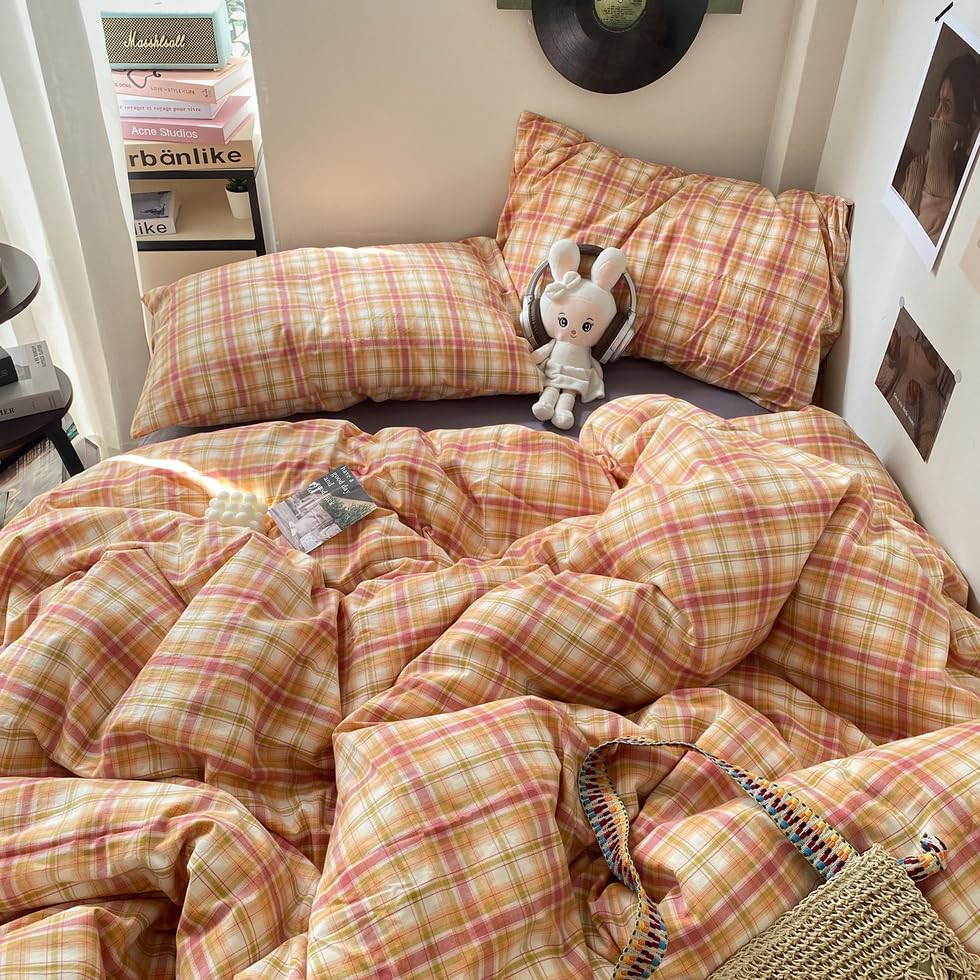 Image of EAVD Vintage Style Gingham Duvet Cover Queen Soft 100% Washed Cotton Bedding Set with Colorful Grid Checkered Reversible Plaid Bedding Set for Men Women Retro Plaid Duvet Cover with Zipper