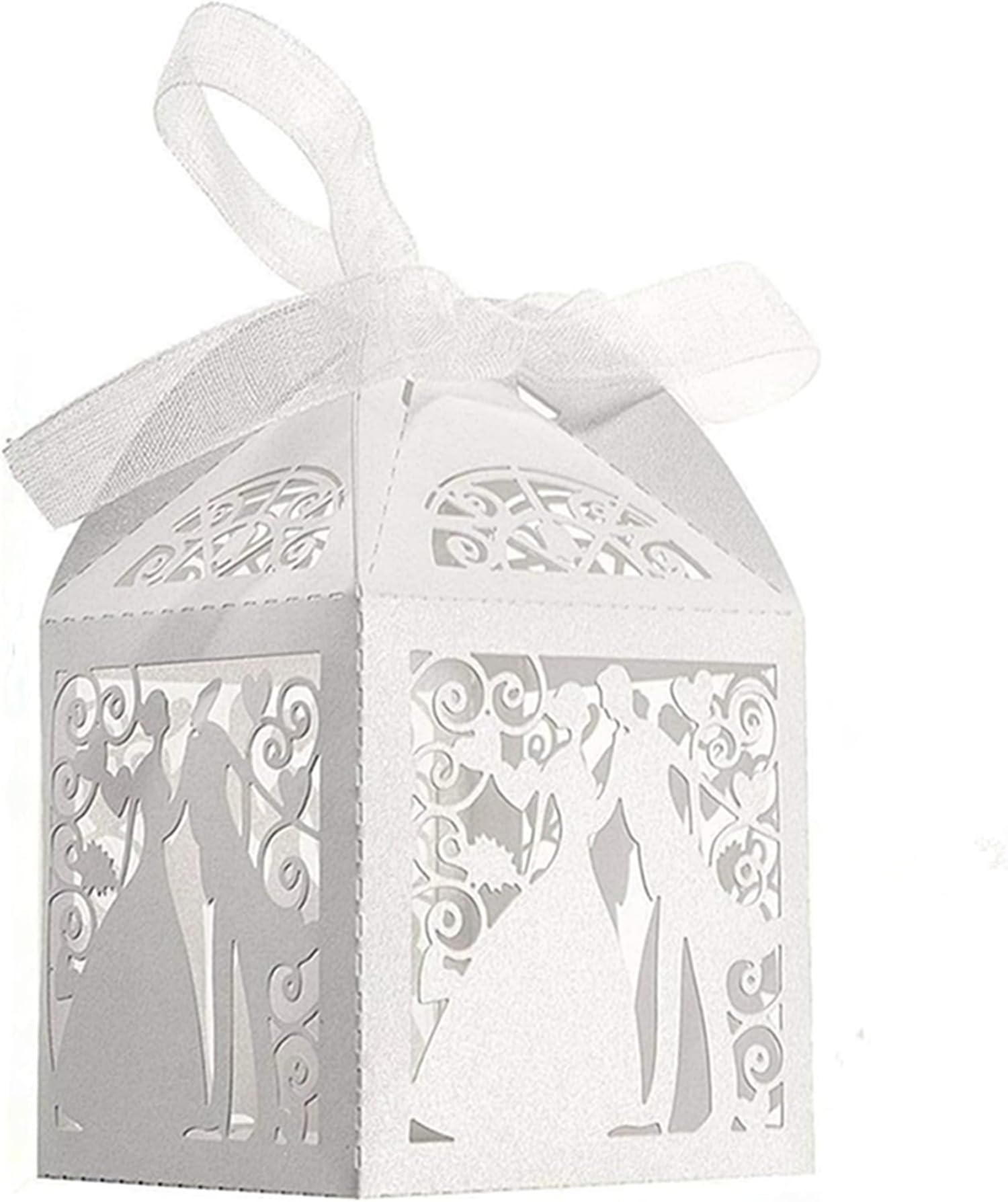 HJRUIUA 50 Piezas Boda Cajas Papel con Cintas Blanco, Dulce Patrón Fiestas, Artesanía Hueca, Decoración para Boda, Regalos de Invitados etc.