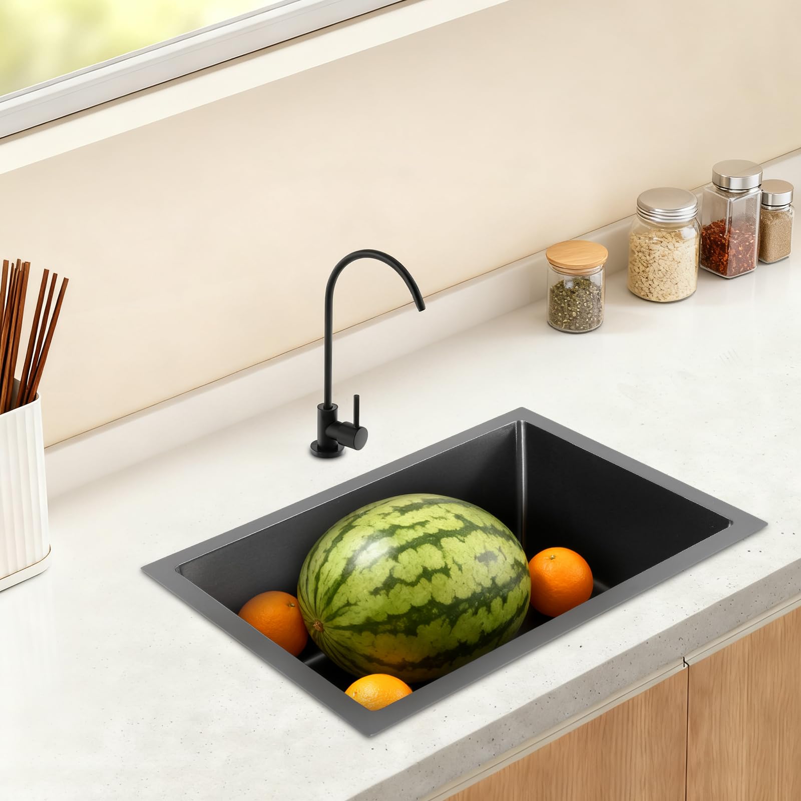 55 x 40 cm Spülbecken aus Edelstahl, Küchenspüle mit 360° Wasserhahn, Edelstahlspüle kompl. Siphon und Abtropffläche,Küche 1 Becken Einbauspüle für Zuhause/Restaurant, Schwarz