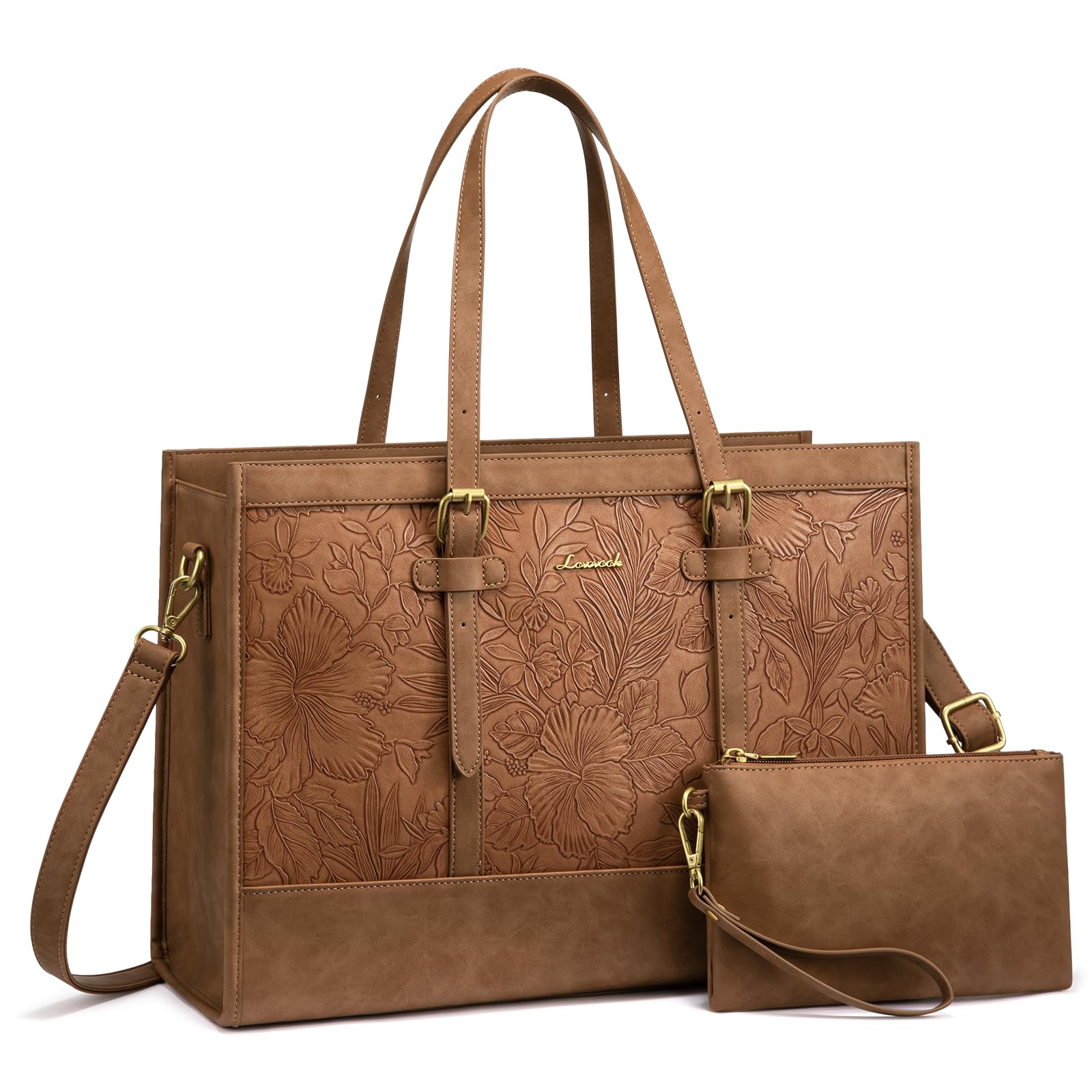 LOVEVOOK Work Tote Bags for Women, Vintage Pu Leather 15.6 Inch Laptop Bag PU Leather 15.6 inch Pu Leather Brown Embossed