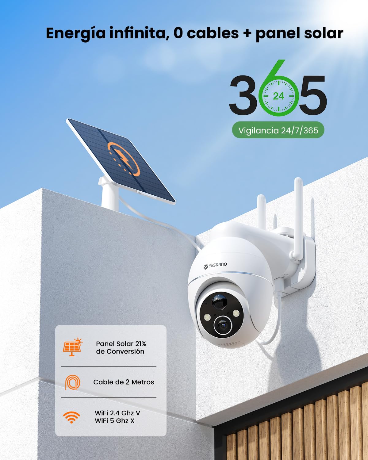 YESKANO 2K Camara Vigilancia WiFi Exterior Solar con Bateria, 360°PTZ Camaras de Vigilancia sin Cables con Panel Solar, Visión Nocturna de Color, Detección de IA, PIR Sirena, Voz Bidireccional, IP66