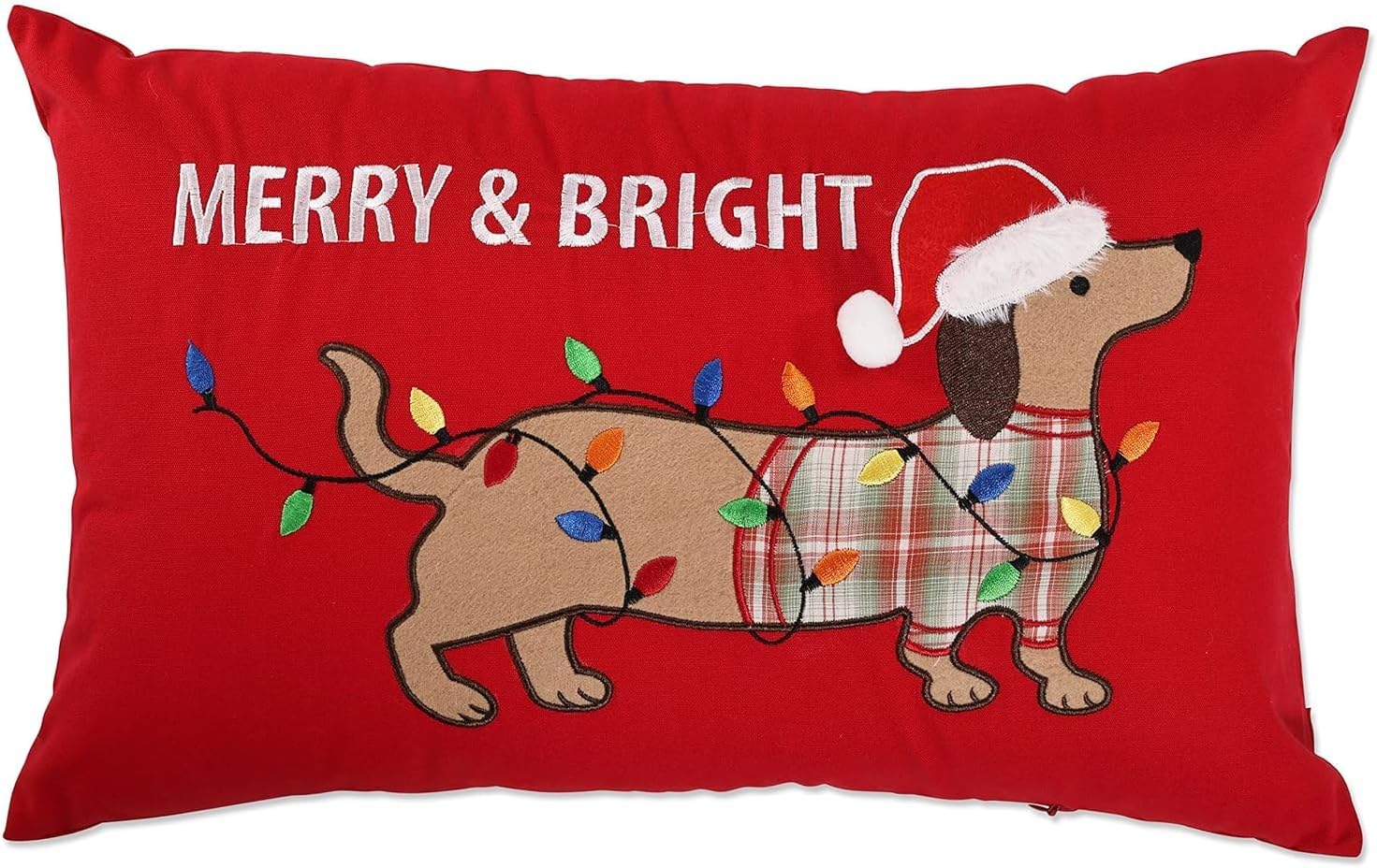 Pillow Perfect Merry & Bright Dachshund Appliqued, Embroidered Lumbar Decorative Pillow, 12" x 18", RED
