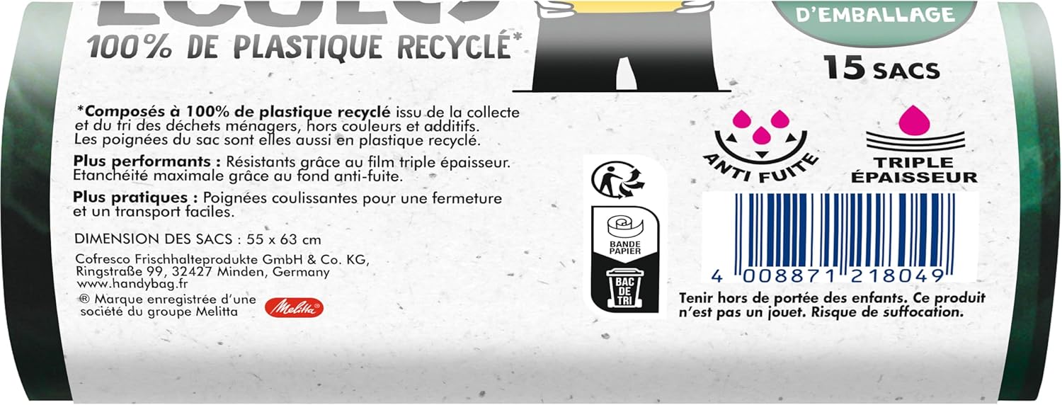 Handy Bag 30 x 15 Bags - Heavy Duty Triple Layer Film - Maximum Waterproof - 100% Recycled Plastic from Household Waste Collection