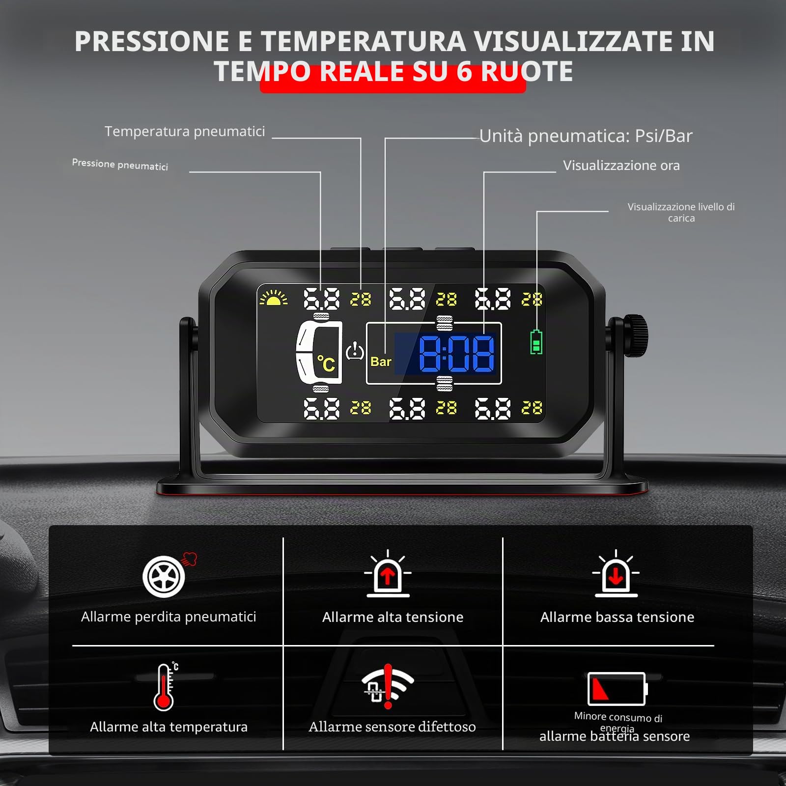 KAOLALI Sistema di monitoraggio della Pressione dei Pneumatici TPMS,【4/6 modalità Ruota】 0.01 Bar Alta Precisione TPMS, con 6 Sensori Pressione Pneumatici per Auto Camper per Camion LKW