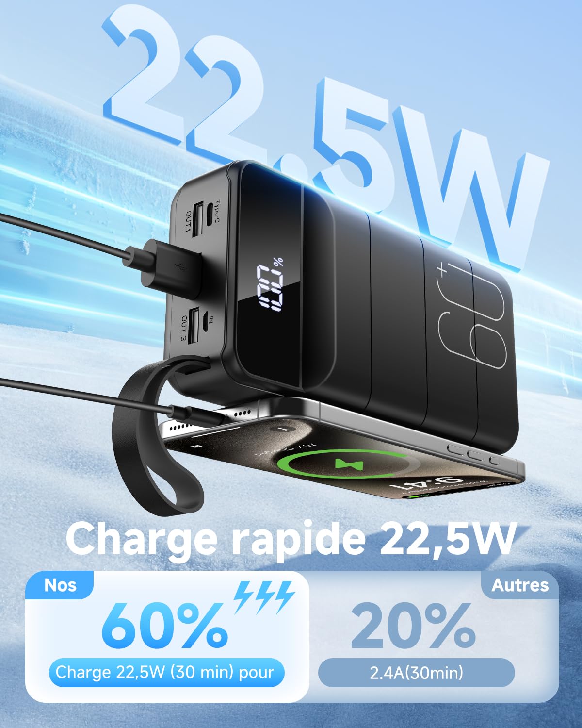 60000mAh Batterie Externe Charge Rapide, 22,5W Power Bank Chargeur Portable avec Écran LED, 4 Sorties et 2 Entrées Compatibles avec Smartphone, Tablettes, etc （Noir）