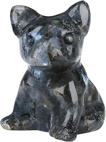 QINJIEJIE Figura de cristal de bulldog francés de obsidiana negra, estatua de perro, escultura de piedra tallada natural, piedras preciosas francés,