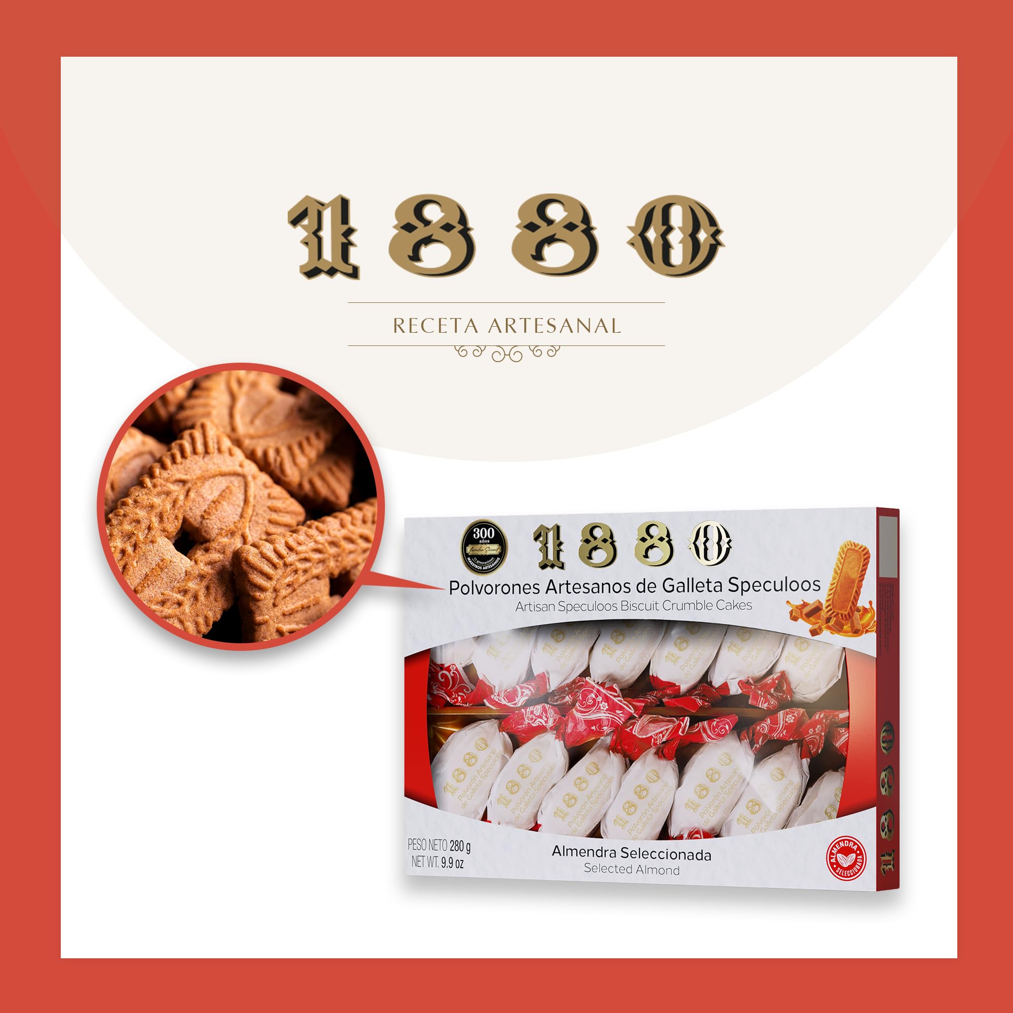 1880 - Polvorones Artesanos de Galleta Speculoos 280 g, Receta Artesanal con 95% de Galleta Speculoos y Almendra Seleccionada, Envase Individual, Textura Suave, Típico Dulce Navideño
