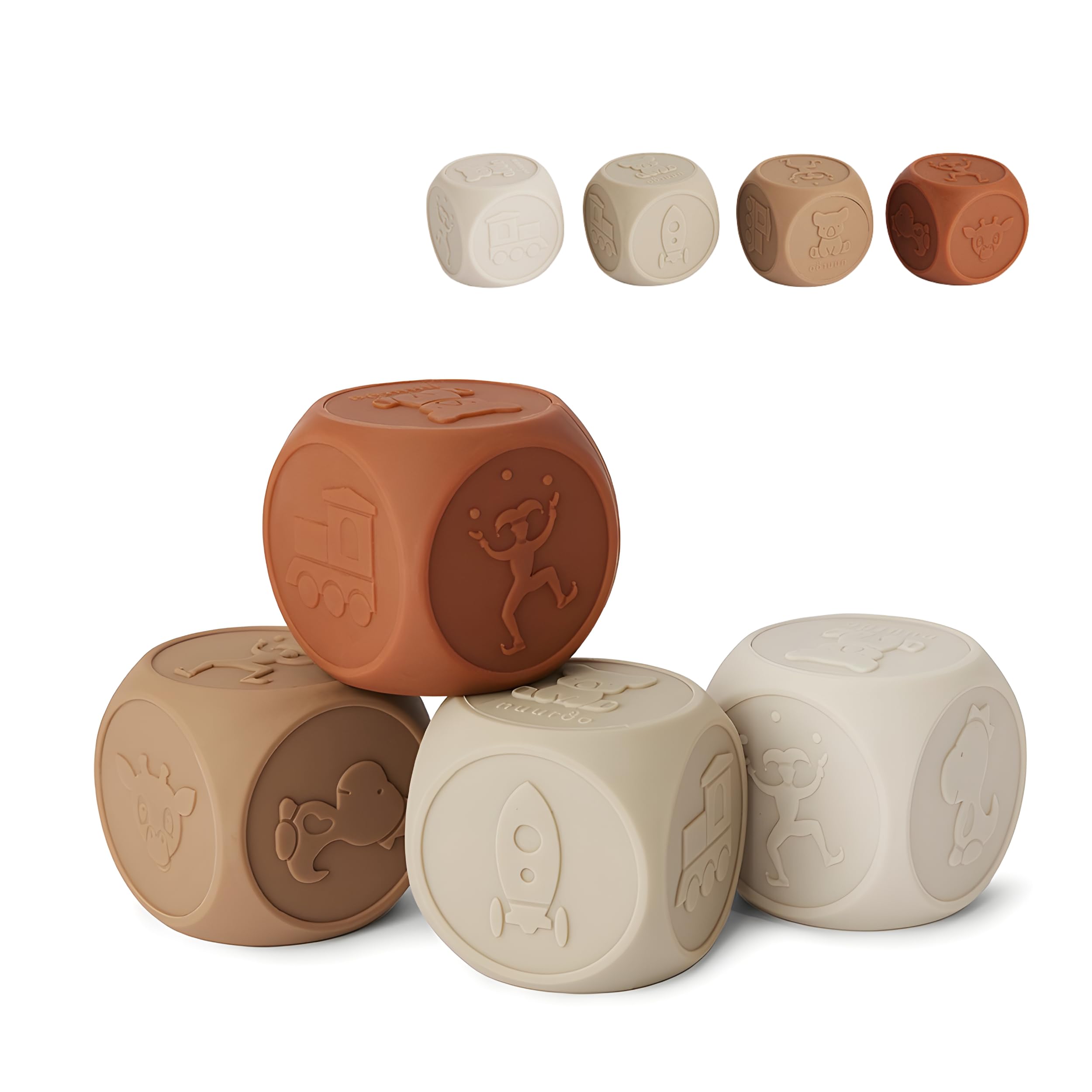 Nuuroo Silicone Dice Toy Set – 4 Pack Soft Silicone Baby Dice, BPA-Free & FDA Approved, Sensory & Educational Toy for Babies and Toddlers, Designed in Denmark (Brown mix - Dice)
