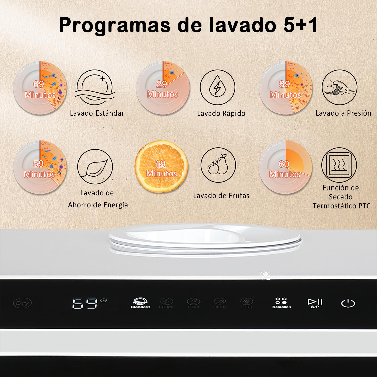 YU YUSING Mini Lavavajillas Pequeño 45 cm, 5 Cubiertos, 5+1 Programas, Secado PTC, con o sin Suministro de Agua, Lavavajillas Portatil Compacto, Tanque de 5 L, Pantalla LED, Blanco y Negro