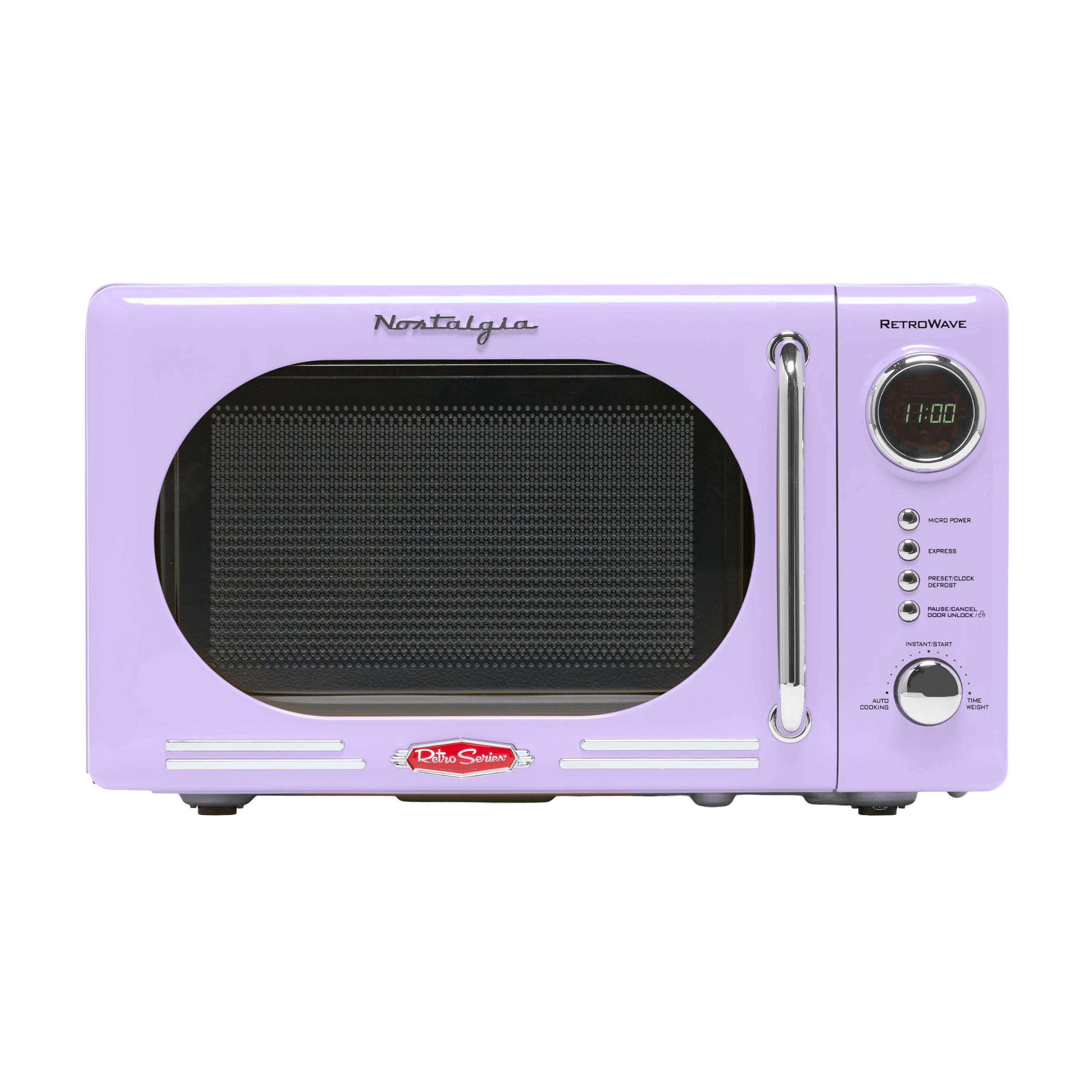 Nostalgia Countertop Microwave Oven with Easy Clean Interior- Retro Microwave with LED Display &amp; Child Lock- Compact 0.7 Cu Ft Oven With 12 Pre-Programmed Settings for any kitchen- 700-Watts- Lavender