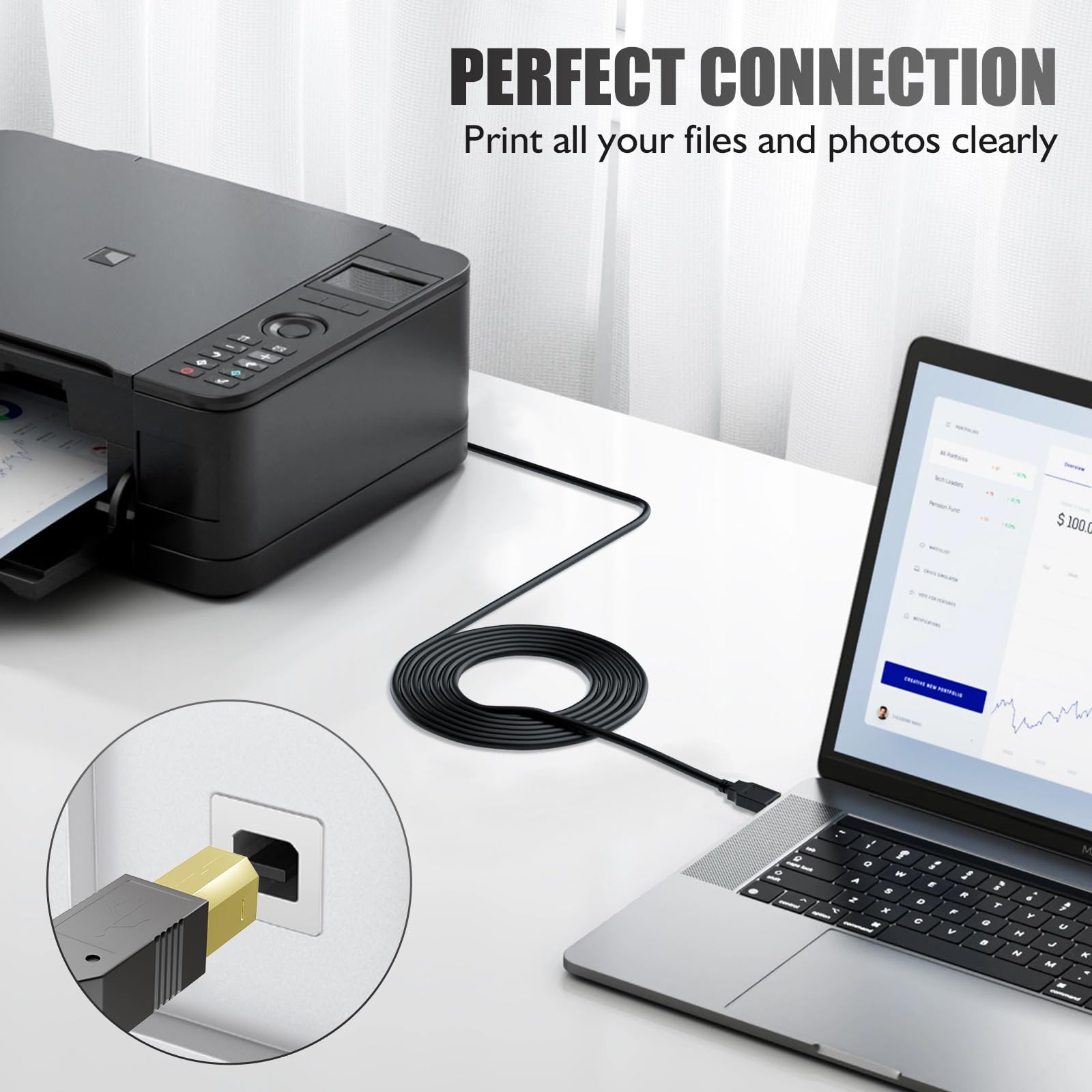 Cavo USB per stampante, 3 m, placcato oro, cavo USB-B, cavo USB MiDi USB 2.0 tipo A maschio a B maschio, cavo scanner ad alta velocità per HP, Canon, Dell, Epson, Lexmark, Xerox e altri
