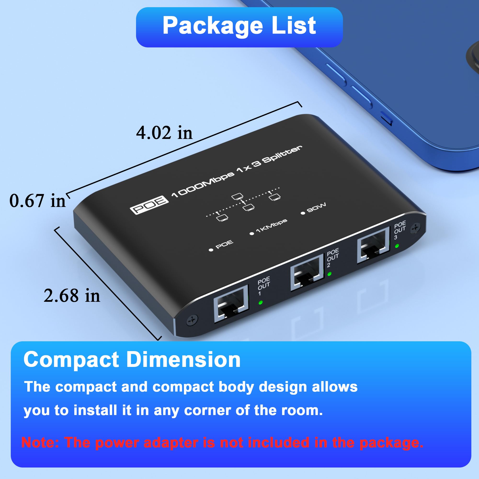 Switch PoE 1 in 3 Out, splitter PoE Gigabit a 3 porte, conforme IEEE 802.3at/af, 30 W per porta Power over Ethernet Hub per telecamere IP/Access Point/telefoni VoIP (10 m), rete per cavo Cat5e/6/7/8