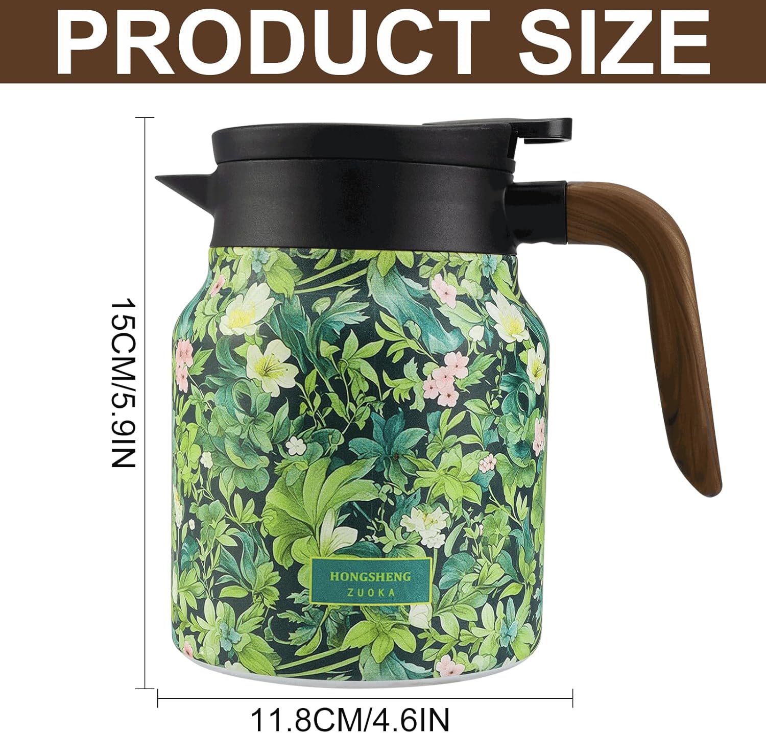 Vintage Floral Pattern Tea, 316 Stainless Steel, Vintage Floral Pattern Tea-Built-In Infuser, Stainless Steel Thermal Carafe with Lid for Hot Drinks(Wooden Handle, Green-1000ml)