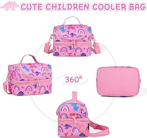 Vista 63 de Kasqo Lonchera para niñas, hielera aislada con compartimentos dobles, unicornio morado claro