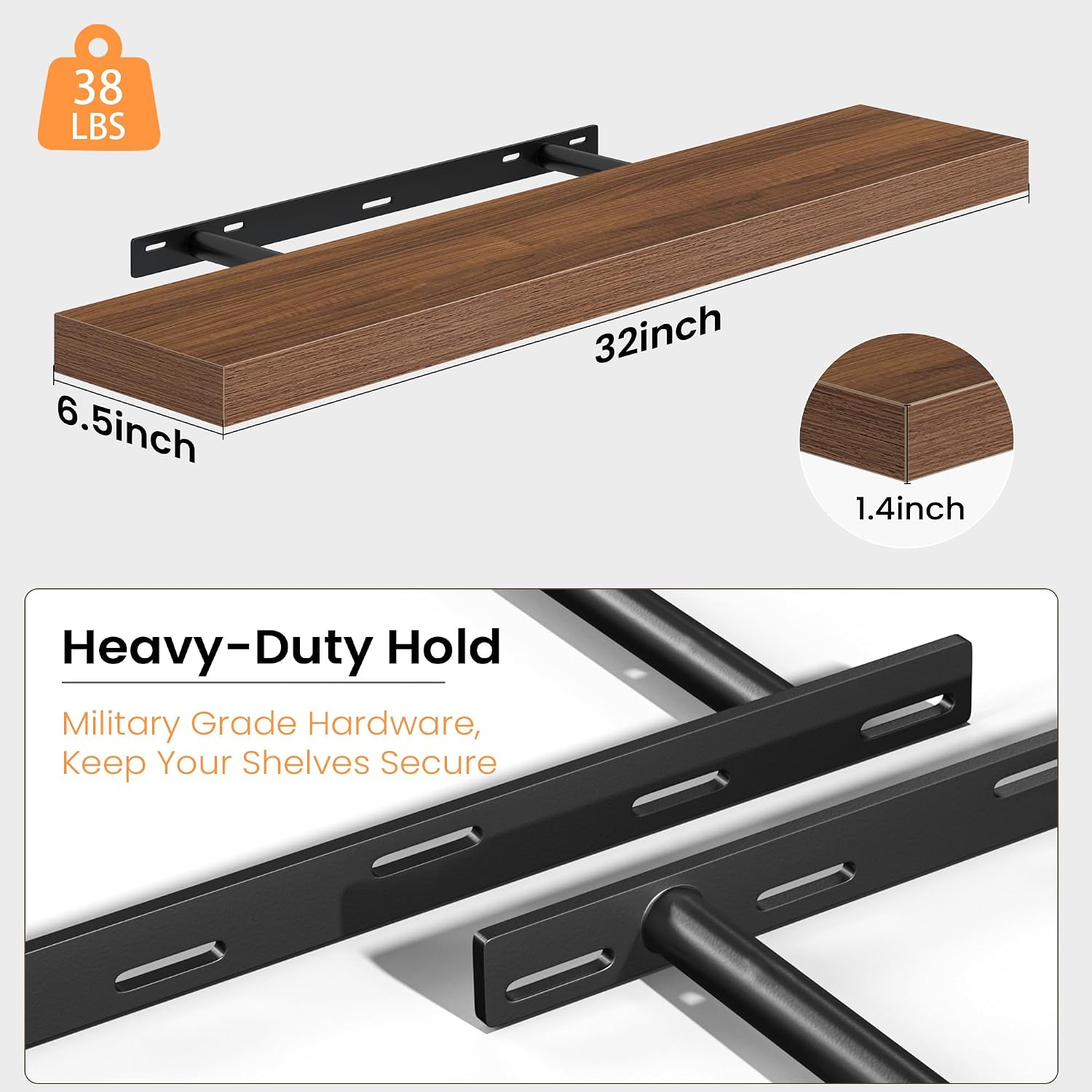 Fun Memories Floating Shelves for Wall, 32 Inch Set of 2 Rustic Wood Wall Shelves with Invisible Brackets, Heavy Duty Storage Display for Living Room Bedroom Kitchen, Walnut image 4