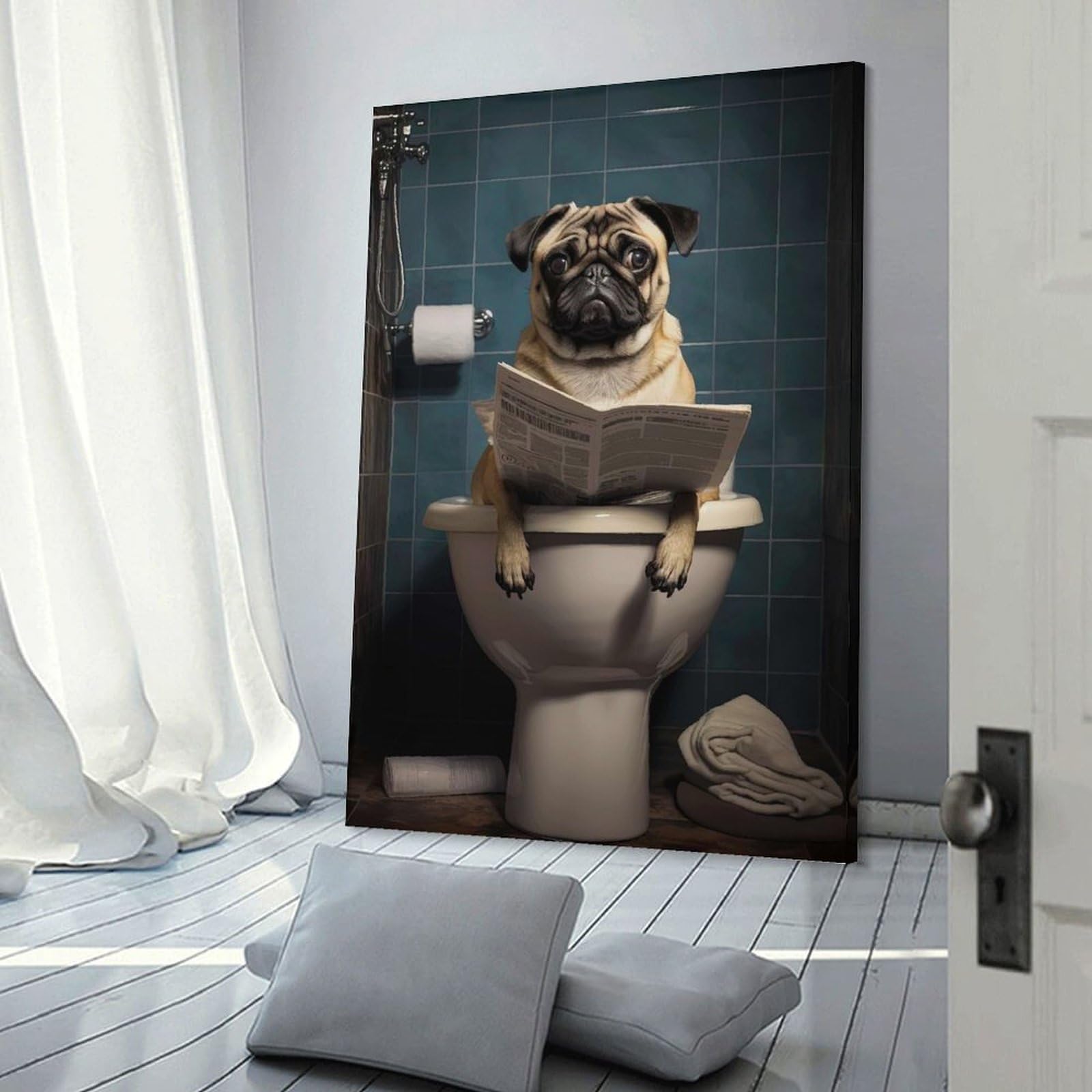 Junmoney Frame-Style-10 Pug Dog On The Toilet Poster, Picture, Metal Print, Paint By Coral Blackwell Decorative Wall Artwork, 12X18inch(30X45cm), For Corridors, Hallways Or Apartment Entries, Home Artwork For First Impressio