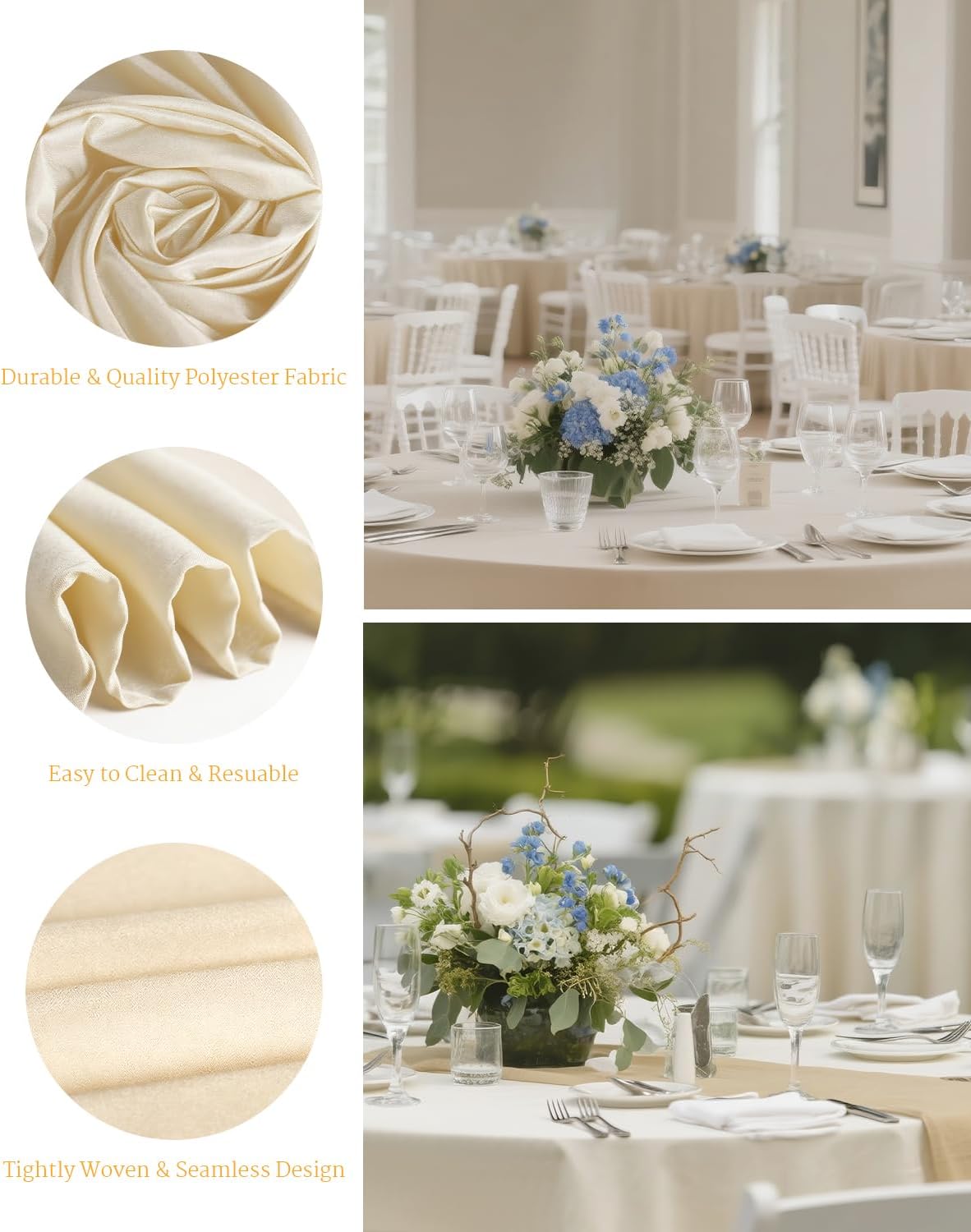 BESTVIP 6 Pack 90" Ivory Round Tablecloths | Fits 36"-66" Tables | Polyester Washable Fabric for Wedding, Party, Banquet, Restaurant