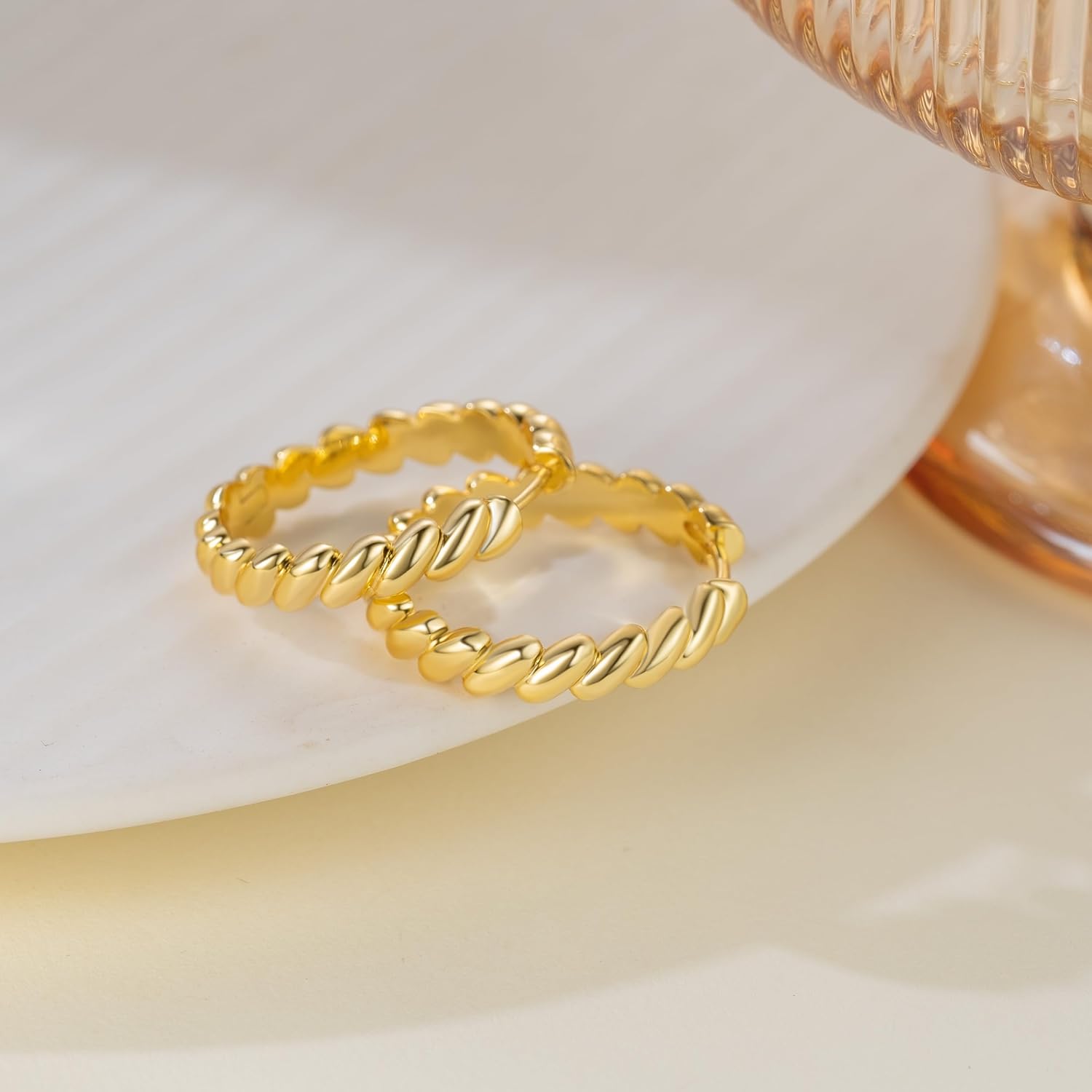 14K Gold Earrings for Women Gold Hoop Earrings for Women Dainty Gold Hoops Earring for Womens Minimalist Round-edge Twisted Texture Hoops Earring for Womens - Image 8