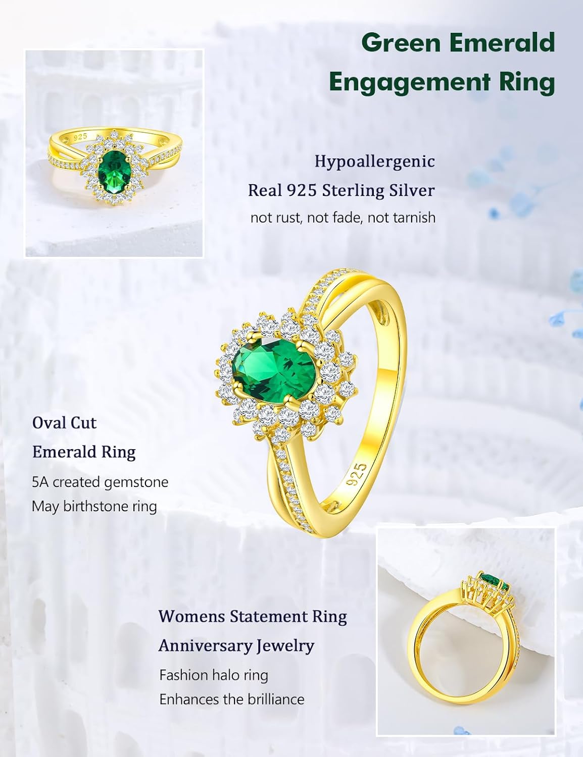 Oval Engagement Ring Sterling Silver/14K Gold Plated Sapphire/Emerald/Ruby/Aquamarine 2 Cttw Gemstone Halo Rings Split Shank Statement Rings for Women Size 6-10 - Image 5