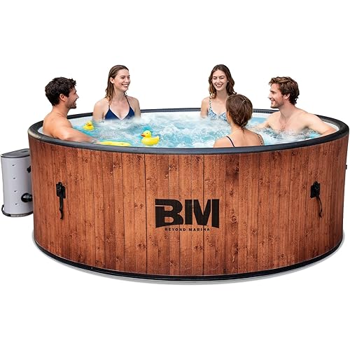 Beyond Marina Inflatable Hot Tub 7 Person Outdoor Spa, Drop Stitch Portable Hot Tub with Bubble Massage System for Home and Personal Relaxation, Fast Heating, Foam Mats, Wood Grain